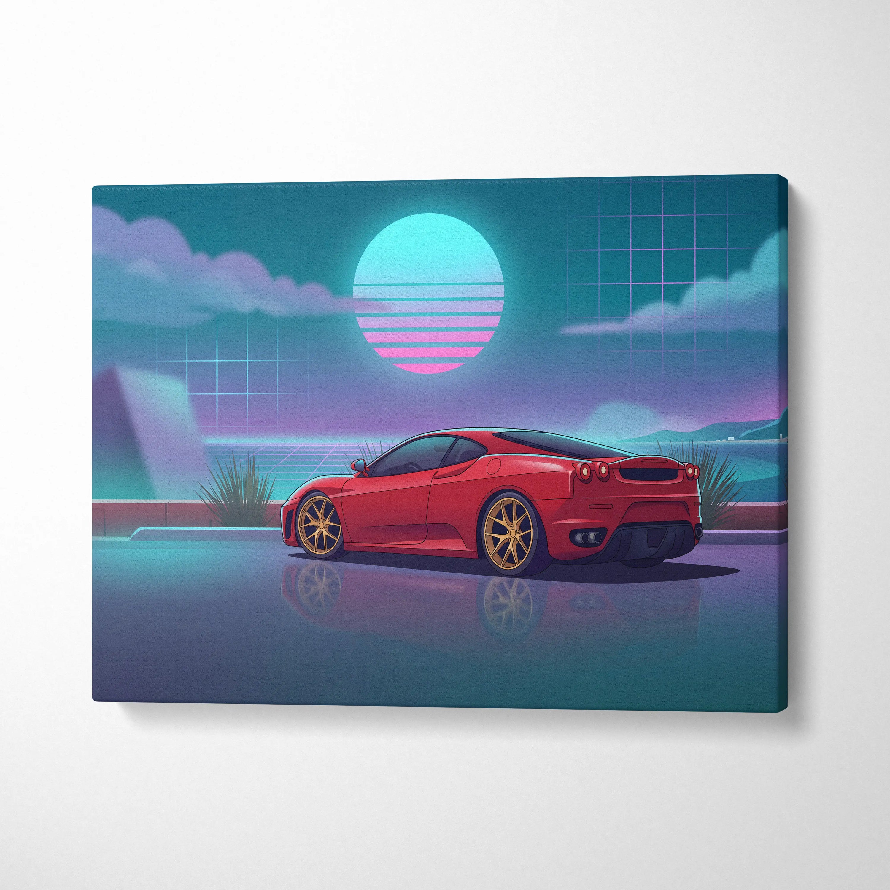 Ferrari F430 Inspired Red Teal Canvas Wall Art, Vaporwave Sports Car Artwork, Neon Sunset Garage Decor, Retro Futuristic Exotic Car Print