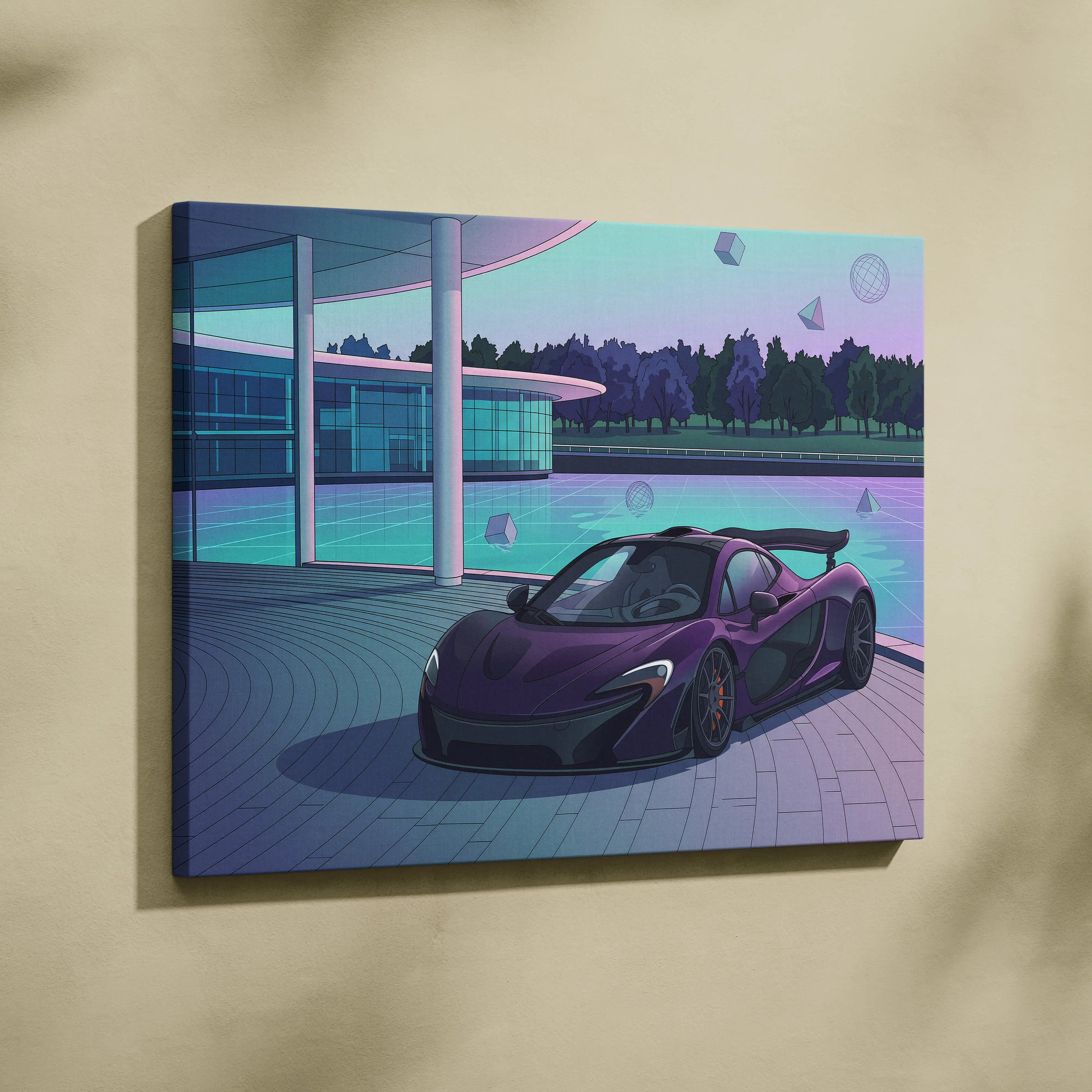 McLaren P1 Inspired Purple Teal Canvas Wall Art, Modern Vaporwave Hypercar Artwork for Garage Decor with Futuristic Luxury Mood
