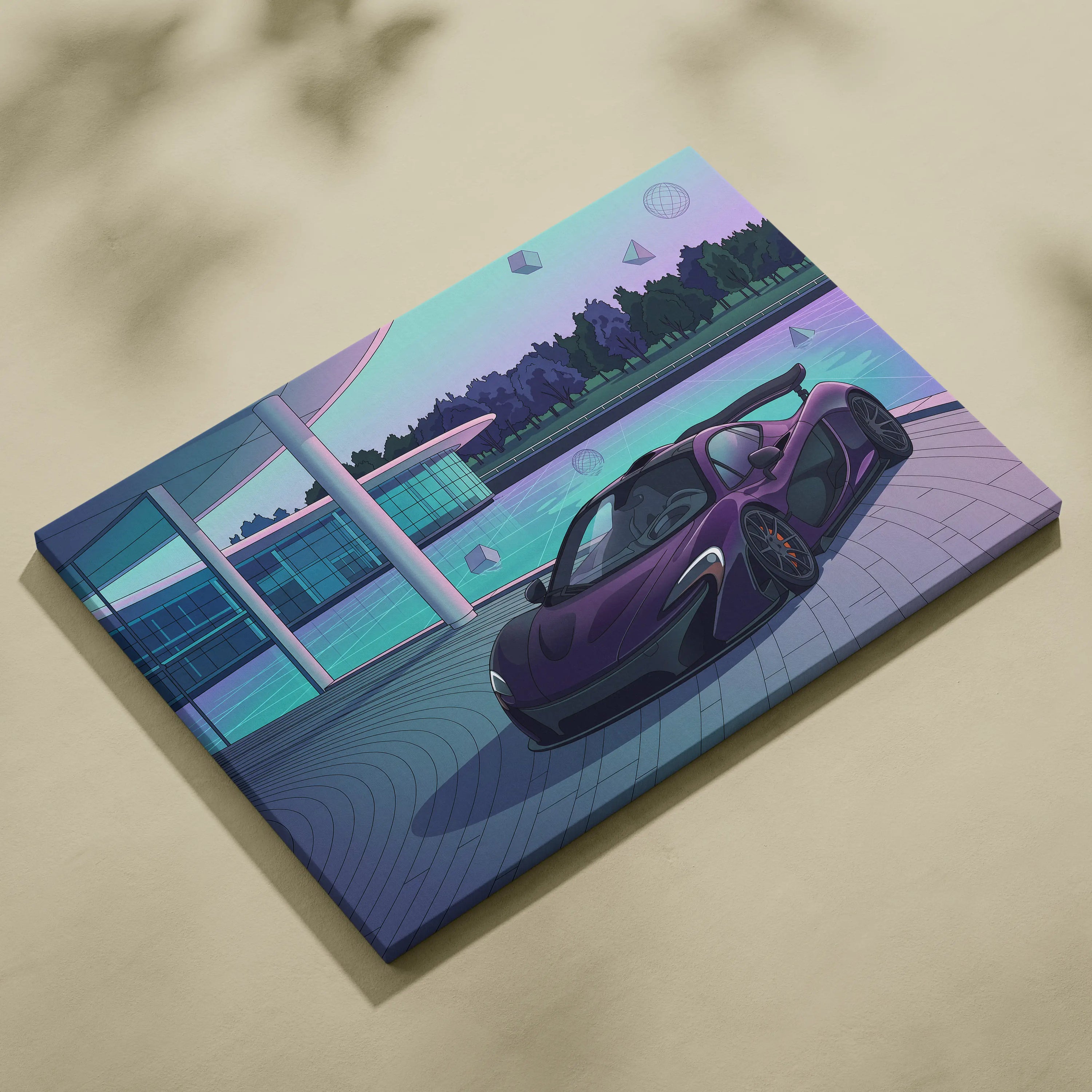 McLaren P1 Inspired Purple Teal Canvas Wall Art, Modern Vaporwave Hypercar Artwork for Garage Decor with Futuristic Luxury Mood
