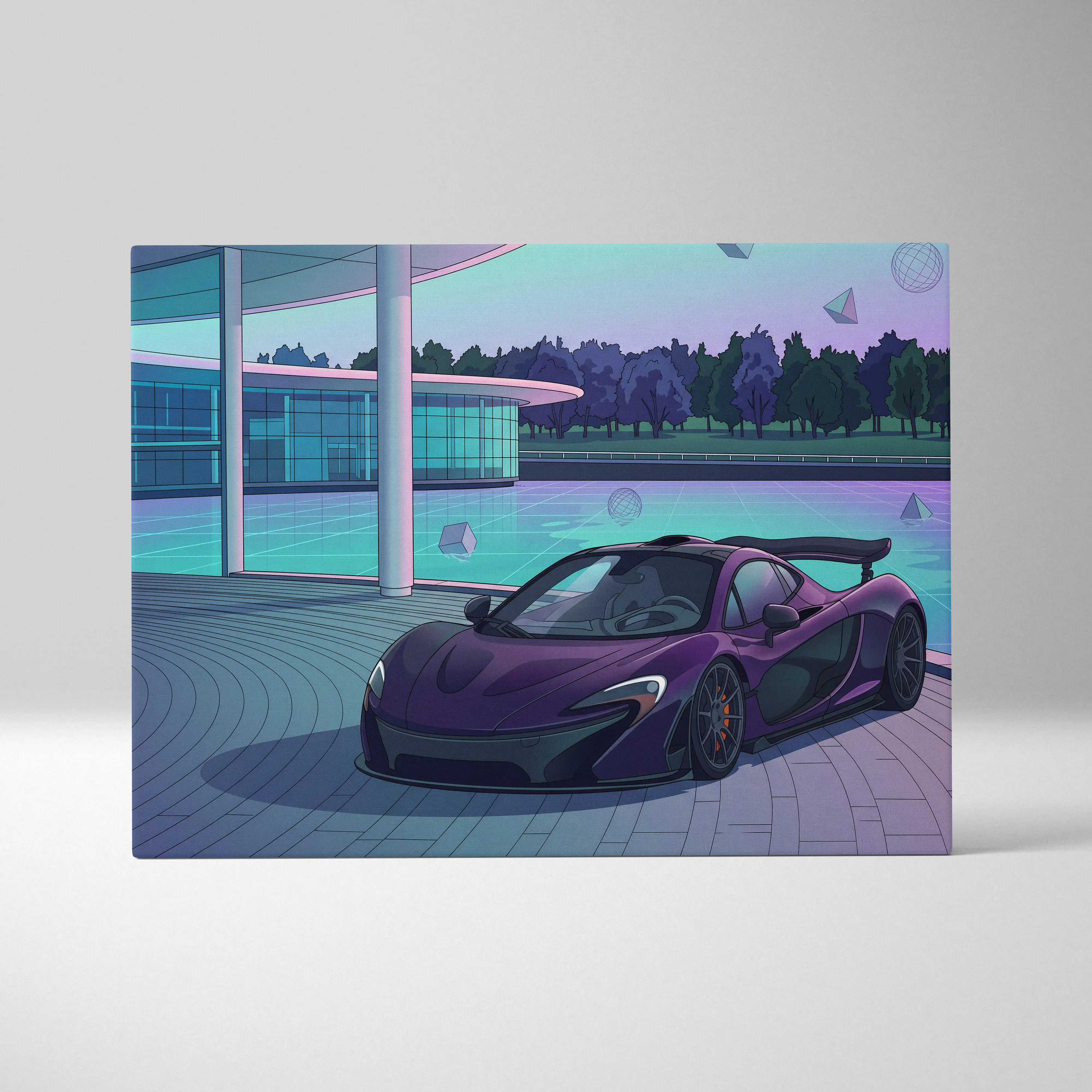 McLaren P1 Inspired Purple Teal Canvas Wall Art, Modern Vaporwave Hypercar Artwork for Garage Decor with Futuristic Luxury Mood