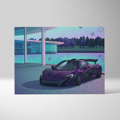 McLaren P1 Inspired Purple Teal Canvas Wall Art, Modern Vaporwave Hypercar Artwork for Garage Decor with Futuristic Luxury Mood