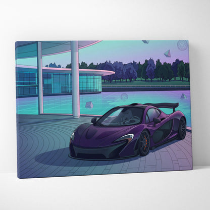 McLaren P1 Inspired Purple Teal Canvas Wall Art, Modern Vaporwave Hypercar Artwork for Garage Decor with Futuristic Luxury Mood