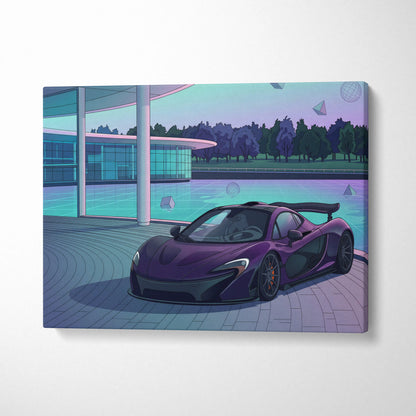 McLaren P1 Inspired Purple Teal Canvas Wall Art, Modern Vaporwave Hypercar Artwork for Garage Decor with Futuristic Luxury Mood