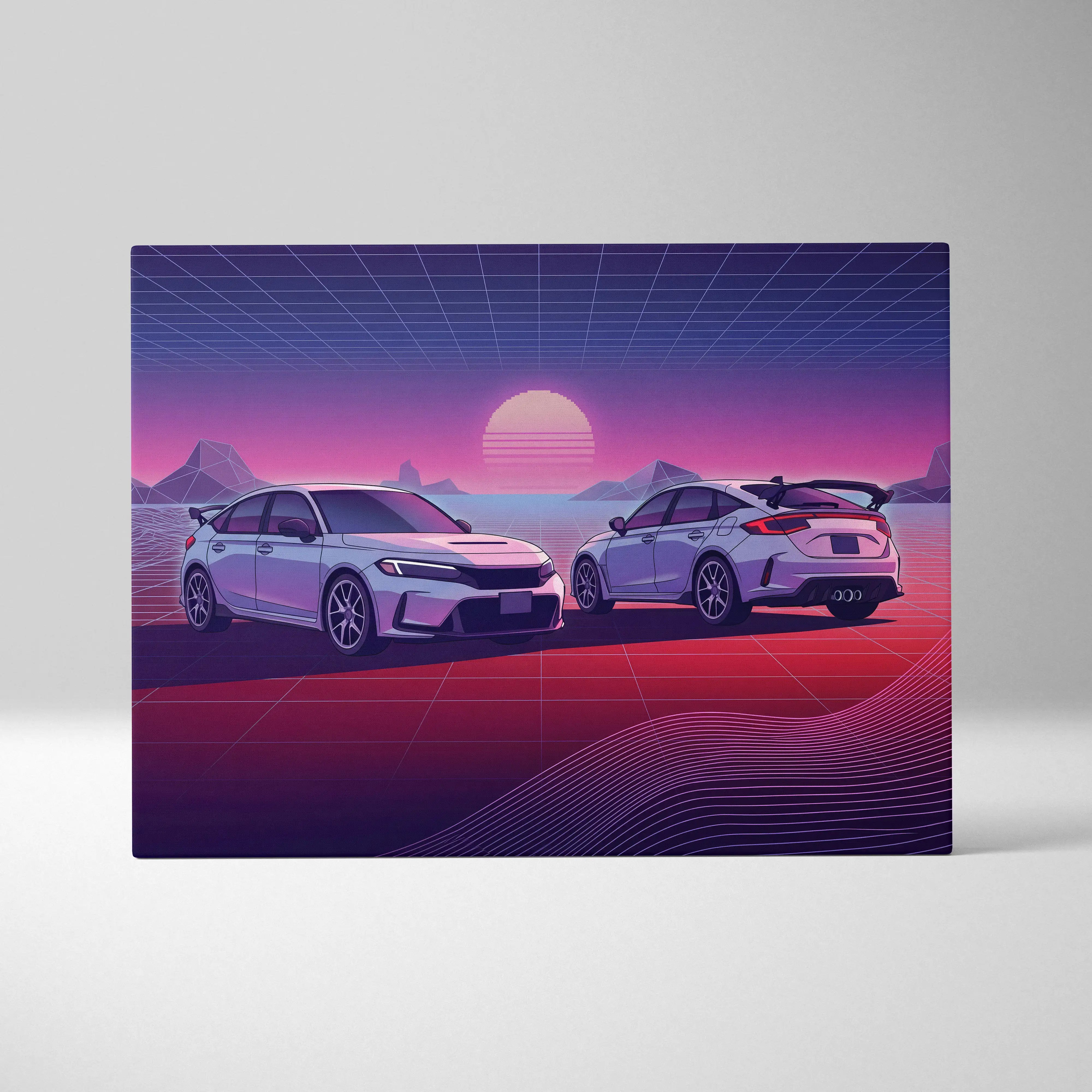Honda Civic Type R inspired white purple canvas wall art featuring two white sports cars and neon sunset grid lines