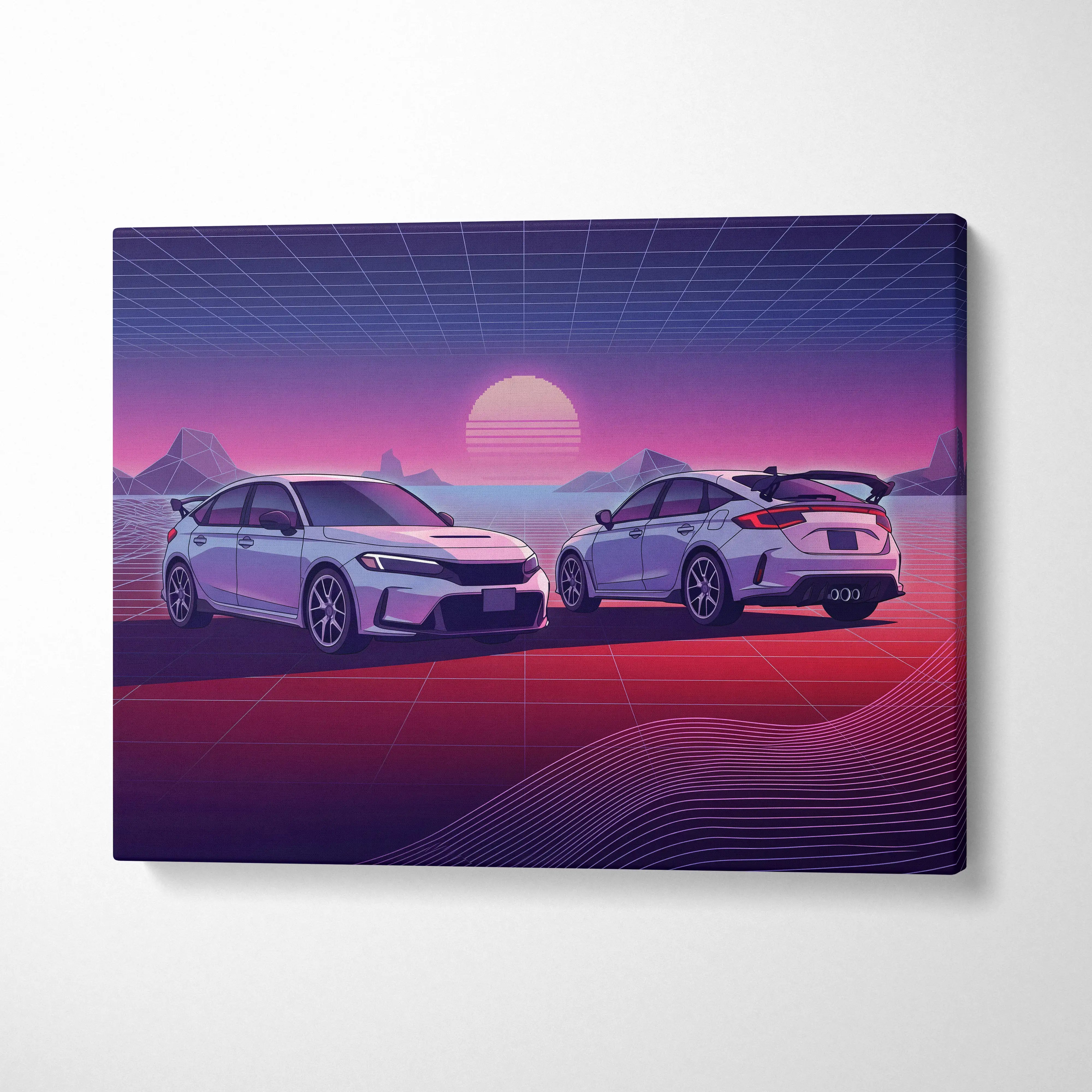 Nostalgic retro-futuristic canvas print of two white honda civic type r cars on a purple and pink vaporwave grid background