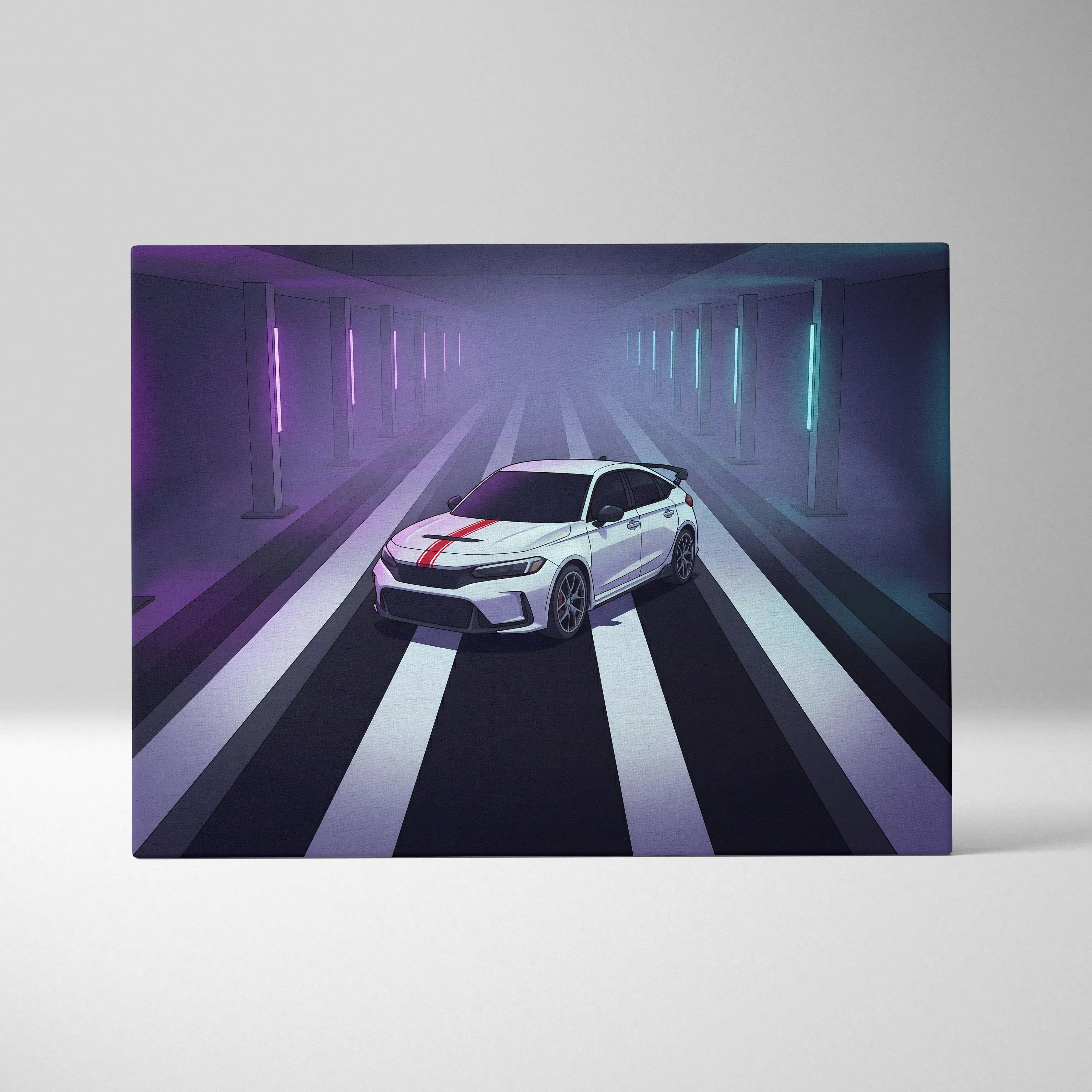 White honda civic with red stripe driving through neon tunnel on purple canvas wall art inspired by type r and vaporwave