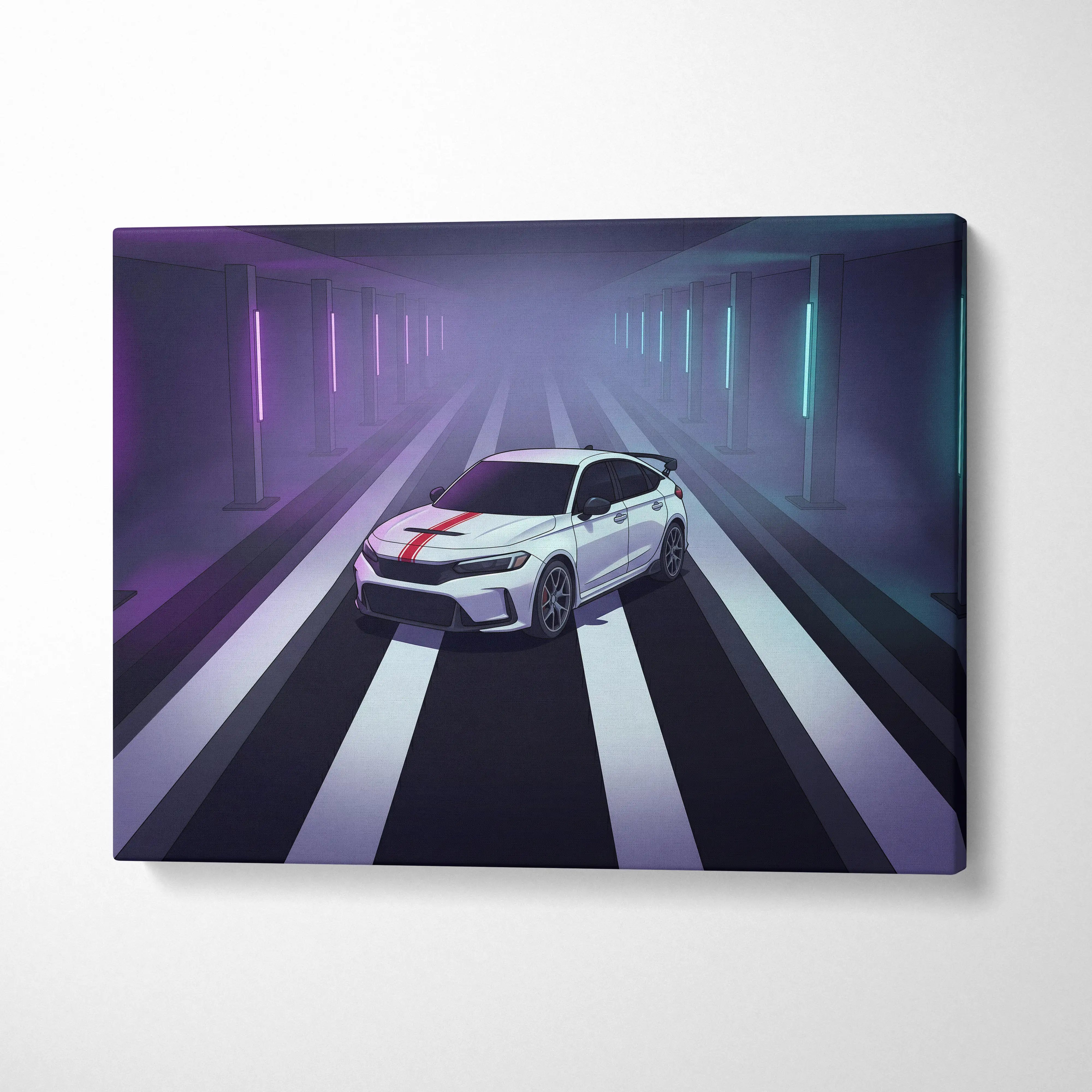 White honda civic type r sports car with red racing stripes in stylized digital illustration on purple canvas wall art