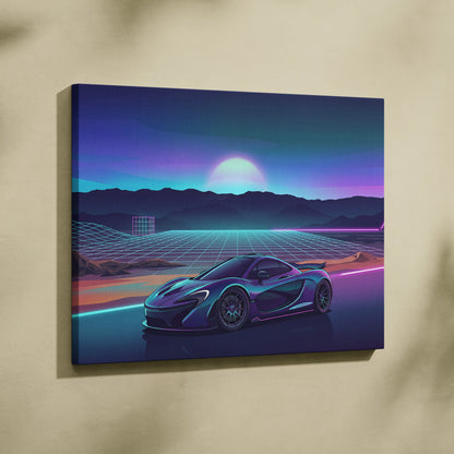 McLaren P1 Inspired Teal Purple Canvas Wall Art, Vaporwave Hypercar Artwork, Neon Grid Mountain Decor, Retro Futuristic Exotic Print
