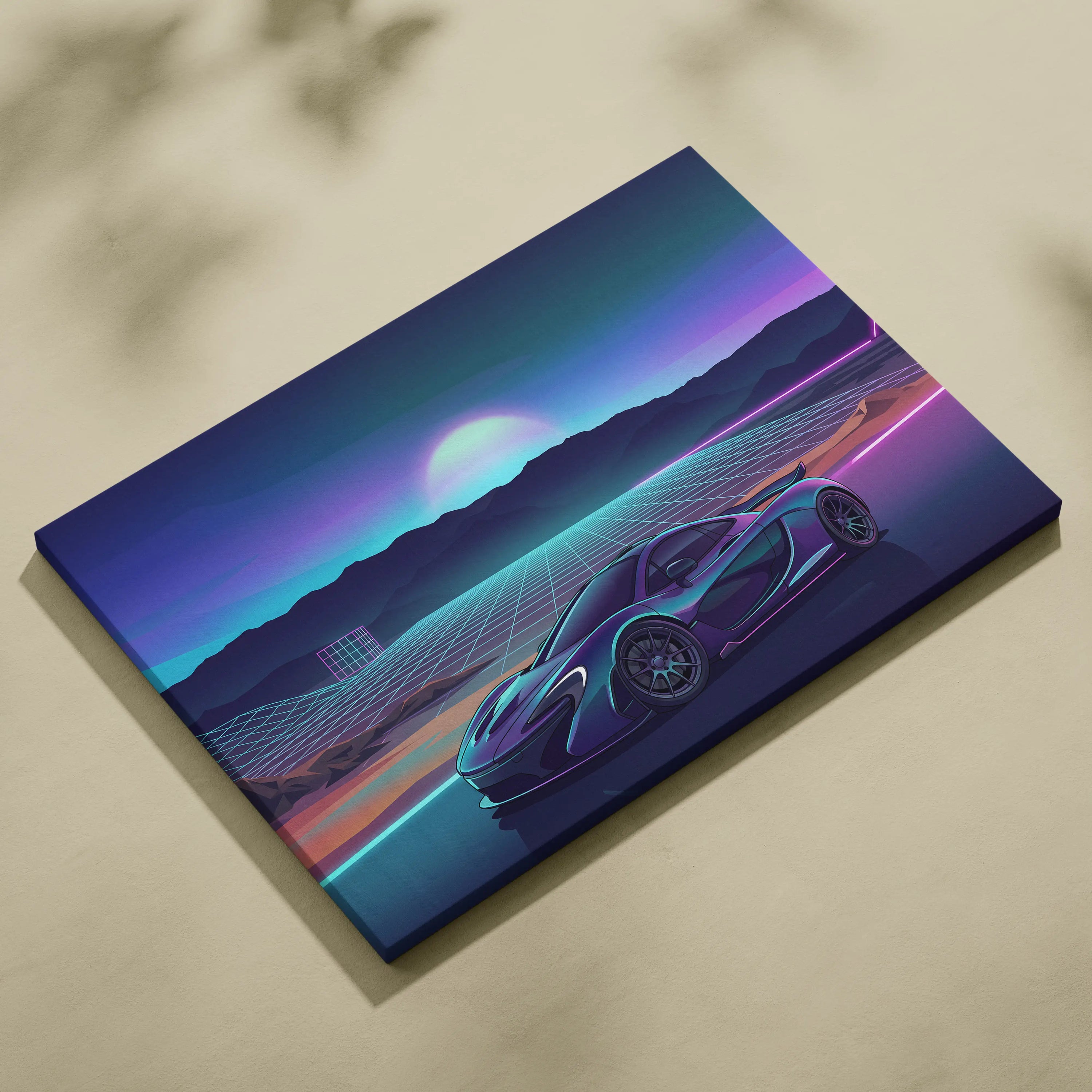 McLaren P1 Inspired Teal Purple Canvas Wall Art, Vaporwave Hypercar Artwork, Neon Grid Mountain Decor, Retro Futuristic Exotic Print