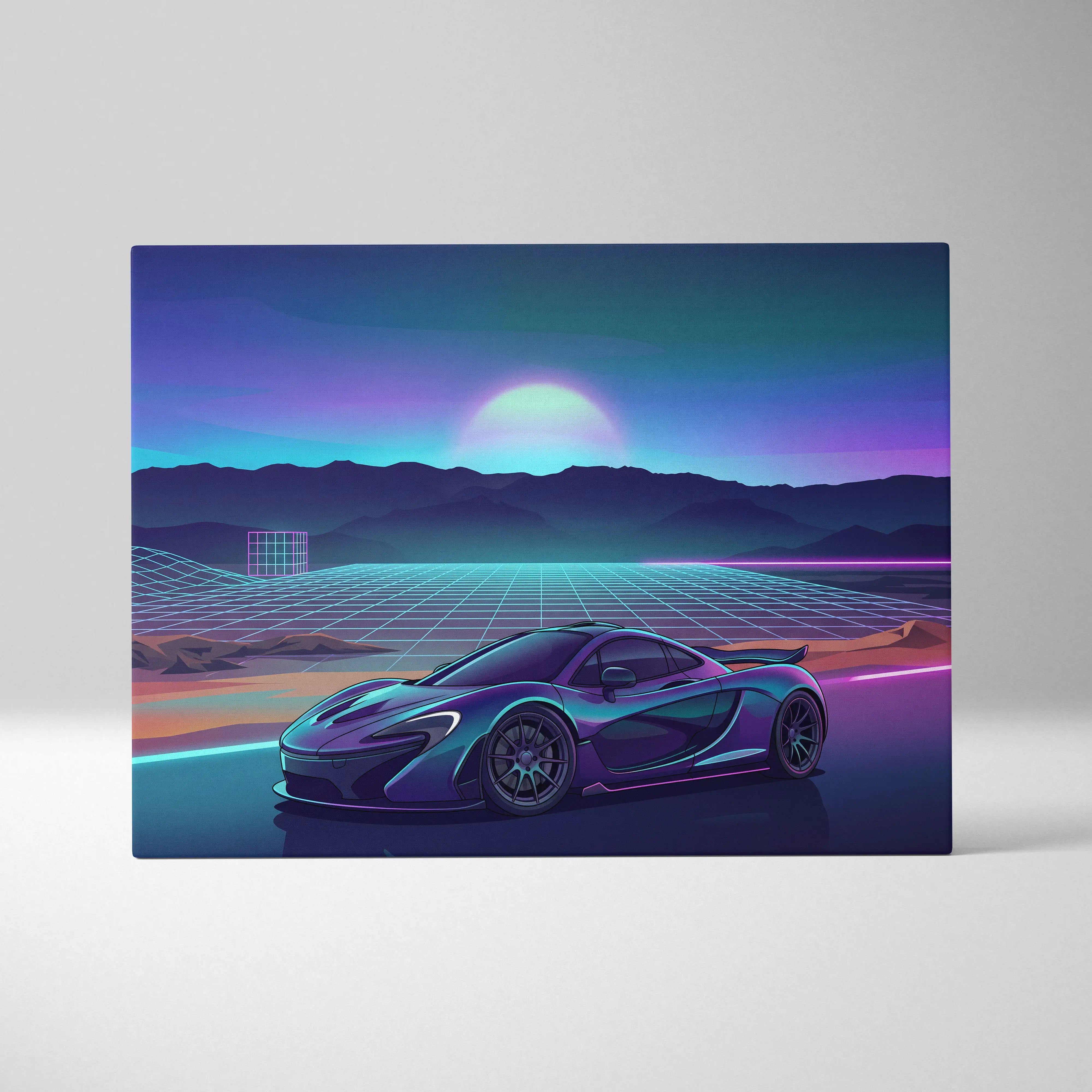 McLaren P1 Inspired Teal Purple Canvas Wall Art, Vaporwave Hypercar Artwork, Neon Grid Mountain Decor, Retro Futuristic Exotic Print