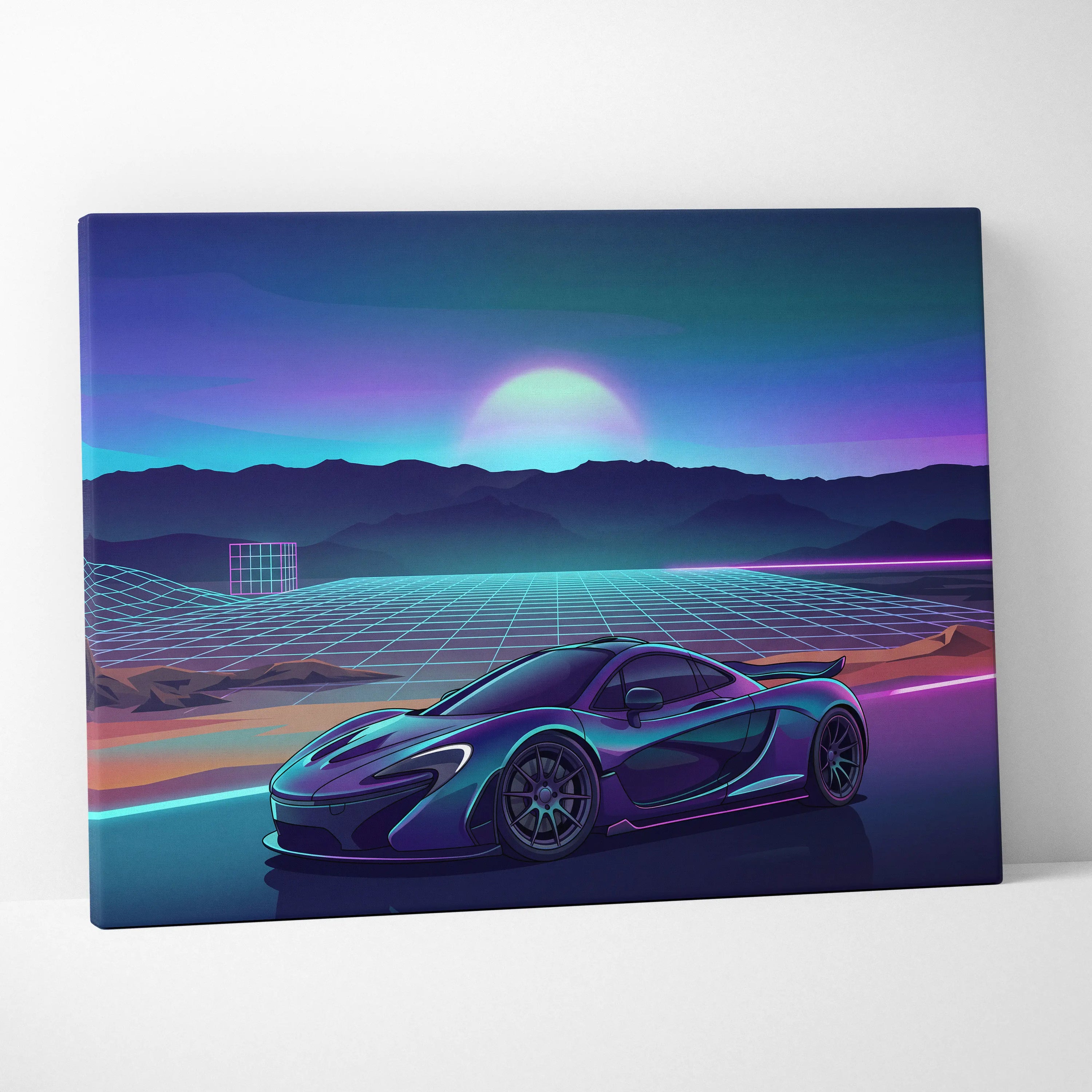 McLaren P1 Inspired Teal Purple Canvas Wall Art, Vaporwave Hypercar Artwork, Neon Grid Mountain Decor, Retro Futuristic Exotic Print