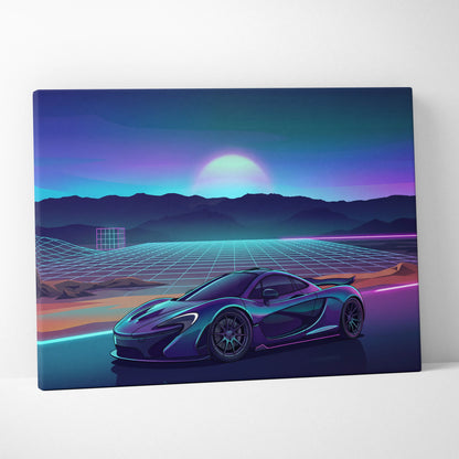 McLaren P1 Inspired Teal Purple Canvas Wall Art, Vaporwave Hypercar Artwork, Neon Grid Mountain Decor, Retro Futuristic Exotic Print