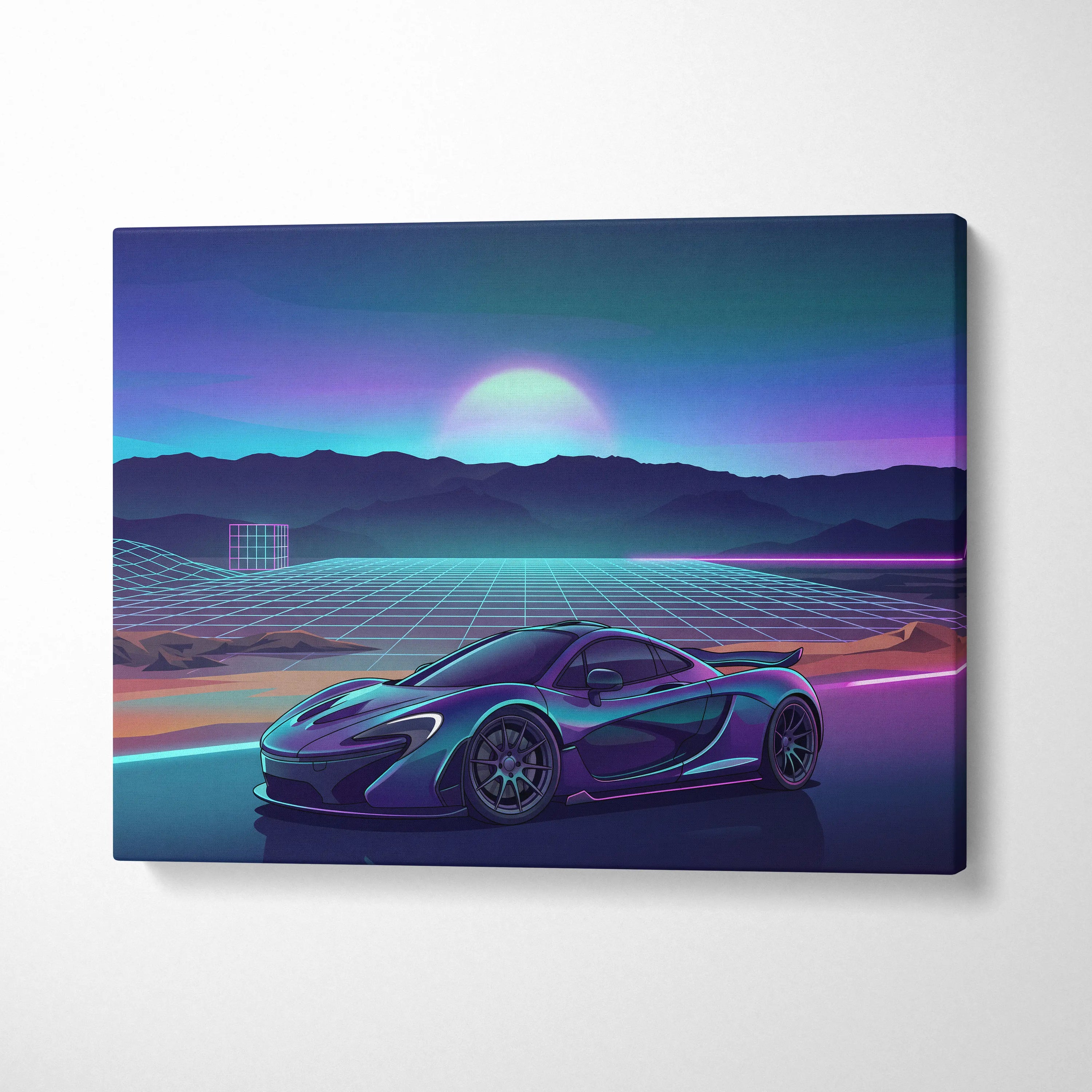 McLaren P1 Inspired Teal Purple Canvas Wall Art, Vaporwave Hypercar Artwork, Neon Grid Mountain Decor, Retro Futuristic Exotic Print
