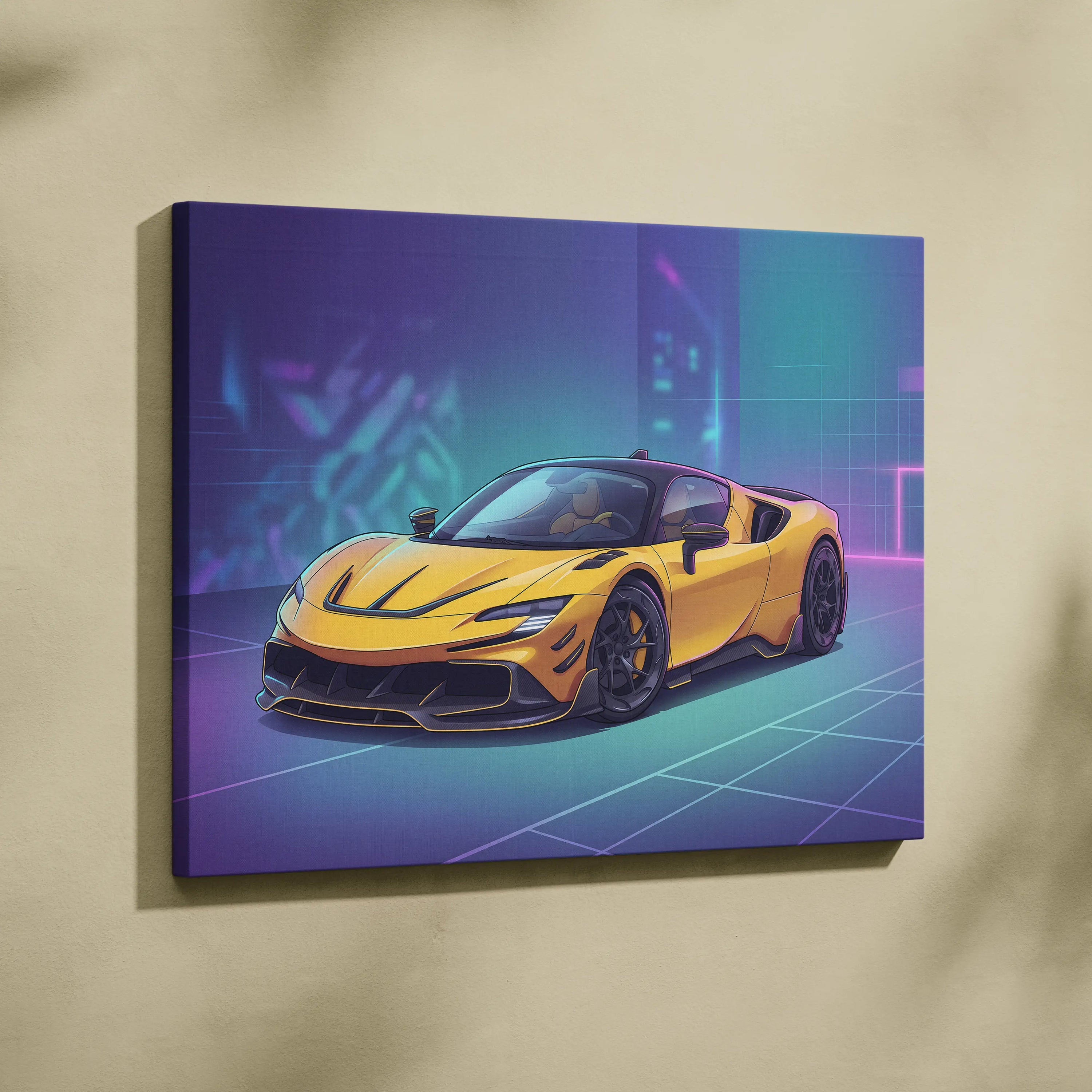 Ferrari SF90 Inspired Yellow Purple Canvas Wall Art, Vaporwave Supercar Artwork, Neon Grid Garage Decor, Retro Futuristic Exotic Car Print