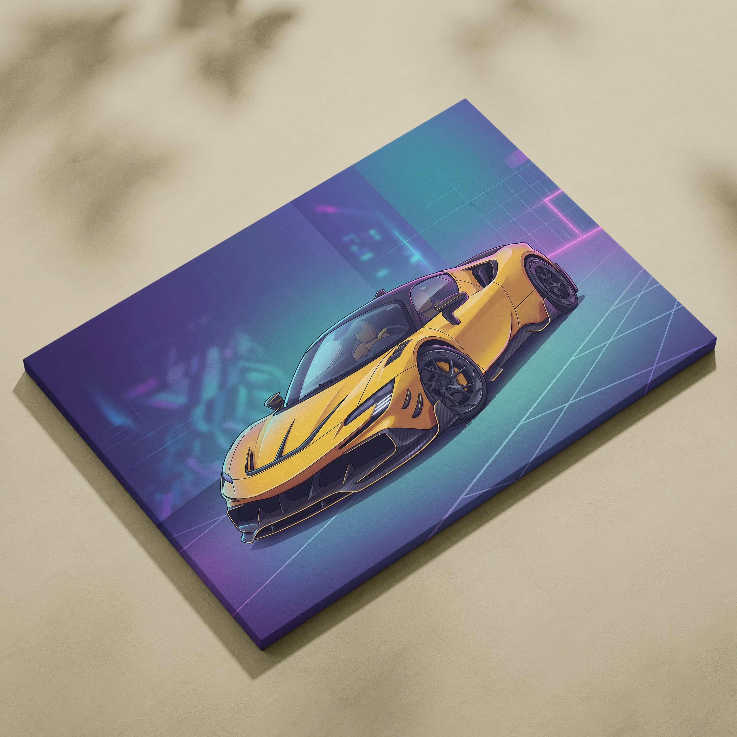 Ferrari SF90 Inspired Yellow Purple Canvas Wall Art, Vaporwave Supercar Artwork, Neon Grid Garage Decor, Retro Futuristic Exotic Car Print