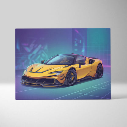 Ferrari SF90 Inspired Yellow Purple Canvas Wall Art, Vaporwave Supercar Artwork, Neon Grid Garage Decor, Retro Futuristic Exotic Car Print
