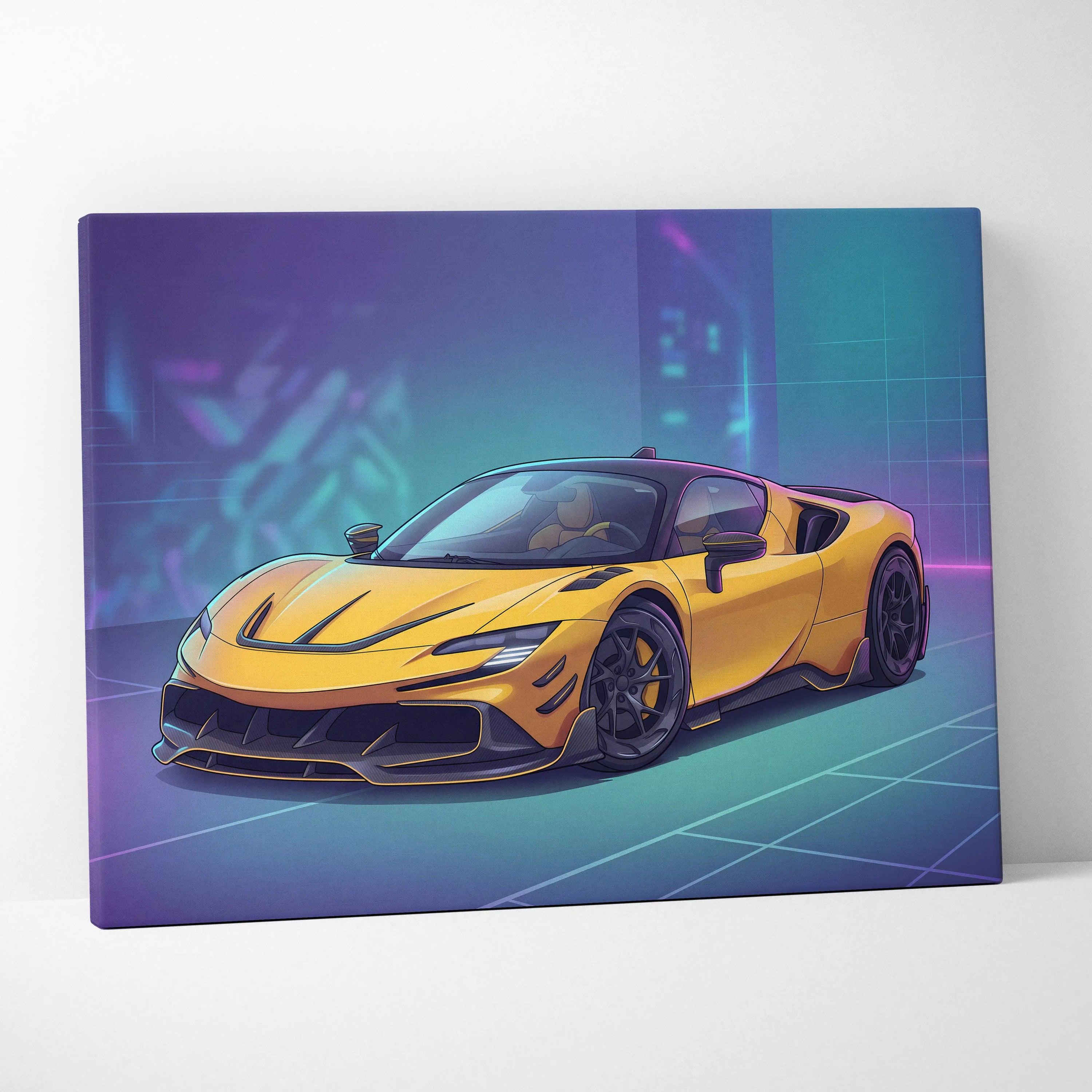 Ferrari SF90 Inspired Yellow Purple Canvas Wall Art, Vaporwave Supercar Artwork, Neon Grid Garage Decor, Retro Futuristic Exotic Car Print