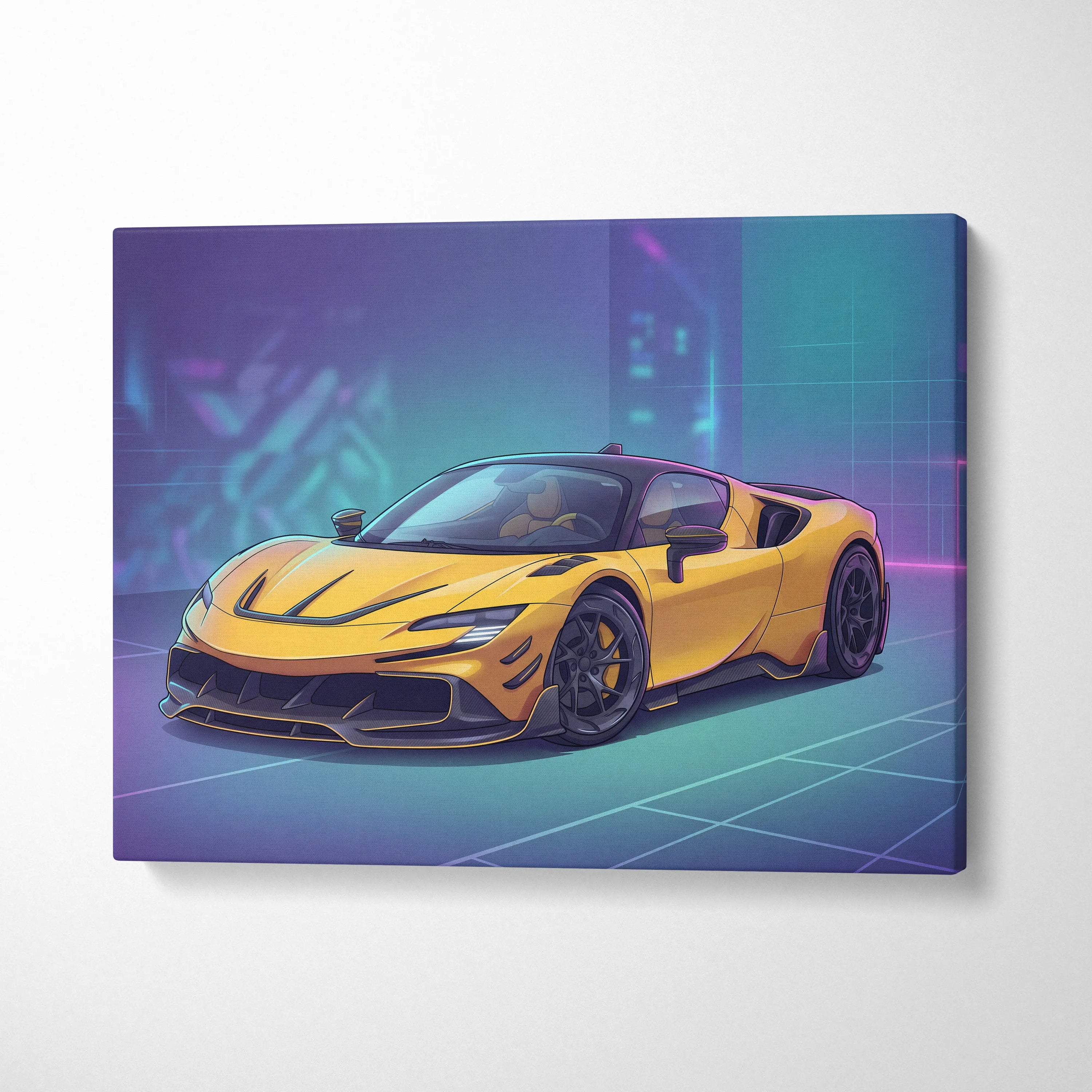 Ferrari SF90 Inspired Yellow Purple Canvas Wall Art, Vaporwave Supercar Artwork, Neon Grid Garage Decor, Retro Futuristic Exotic Car Print