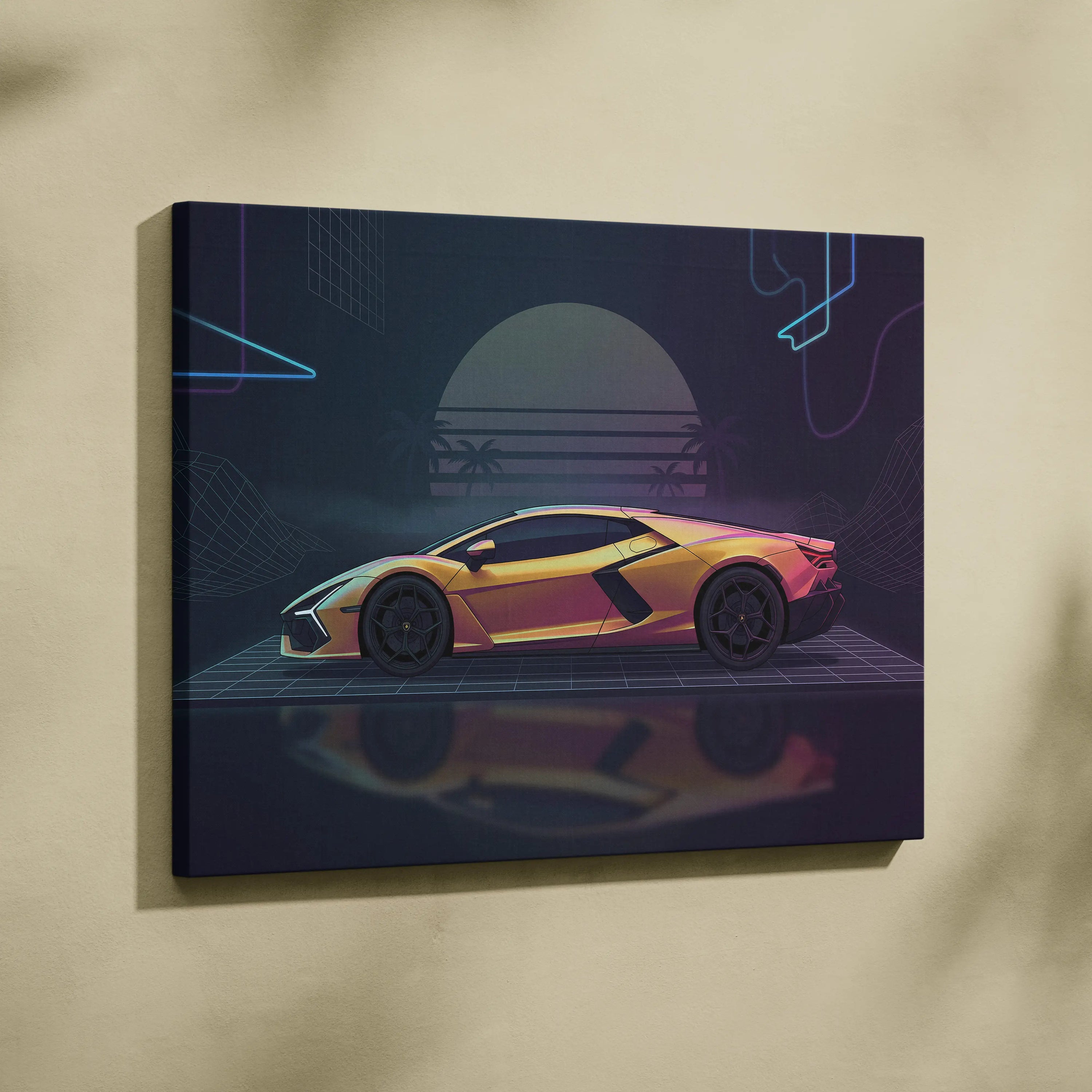 Lamborghini Revuelto Inspired Gold Purple Canvas Wall Art, Neon Vaporwave Hypercar Artwork for Retro Futuristic Garage Decor