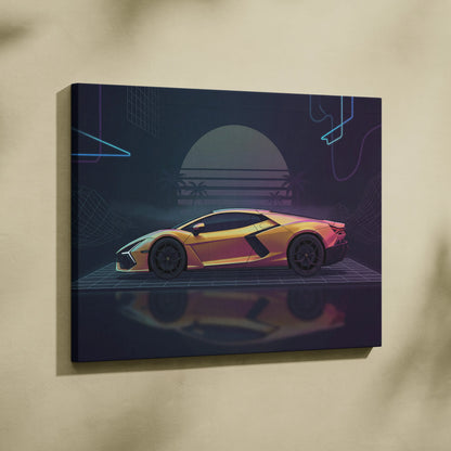 Lamborghini Revuelto Inspired Gold Purple Canvas Wall Art, Neon Vaporwave Hypercar Artwork for Retro Futuristic Garage Decor