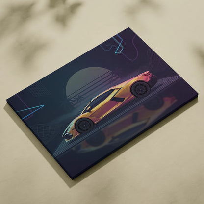 Lamborghini Revuelto Inspired Gold Purple Canvas Wall Art, Neon Vaporwave Hypercar Artwork for Retro Futuristic Garage Decor