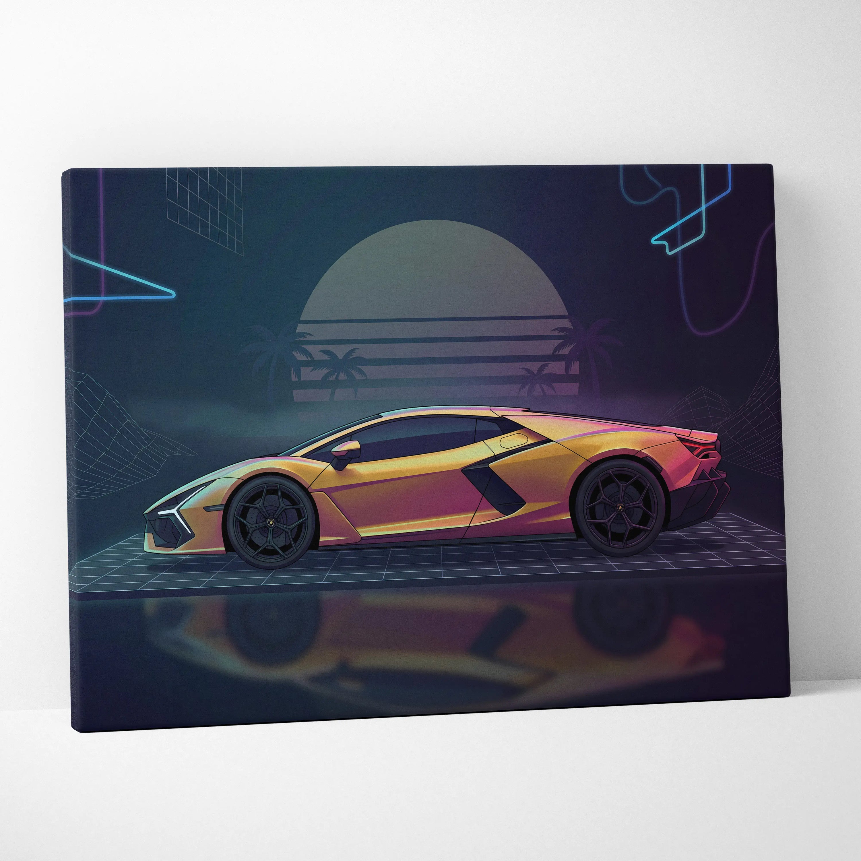 Lamborghini Revuelto Inspired Gold Purple Canvas Wall Art, Neon Vaporwave Hypercar Artwork for Retro Futuristic Garage Decor