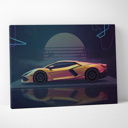 Lamborghini Revuelto Inspired Gold Purple Canvas Wall Art, Neon Vaporwave Hypercar Artwork for Retro Futuristic Garage Decor