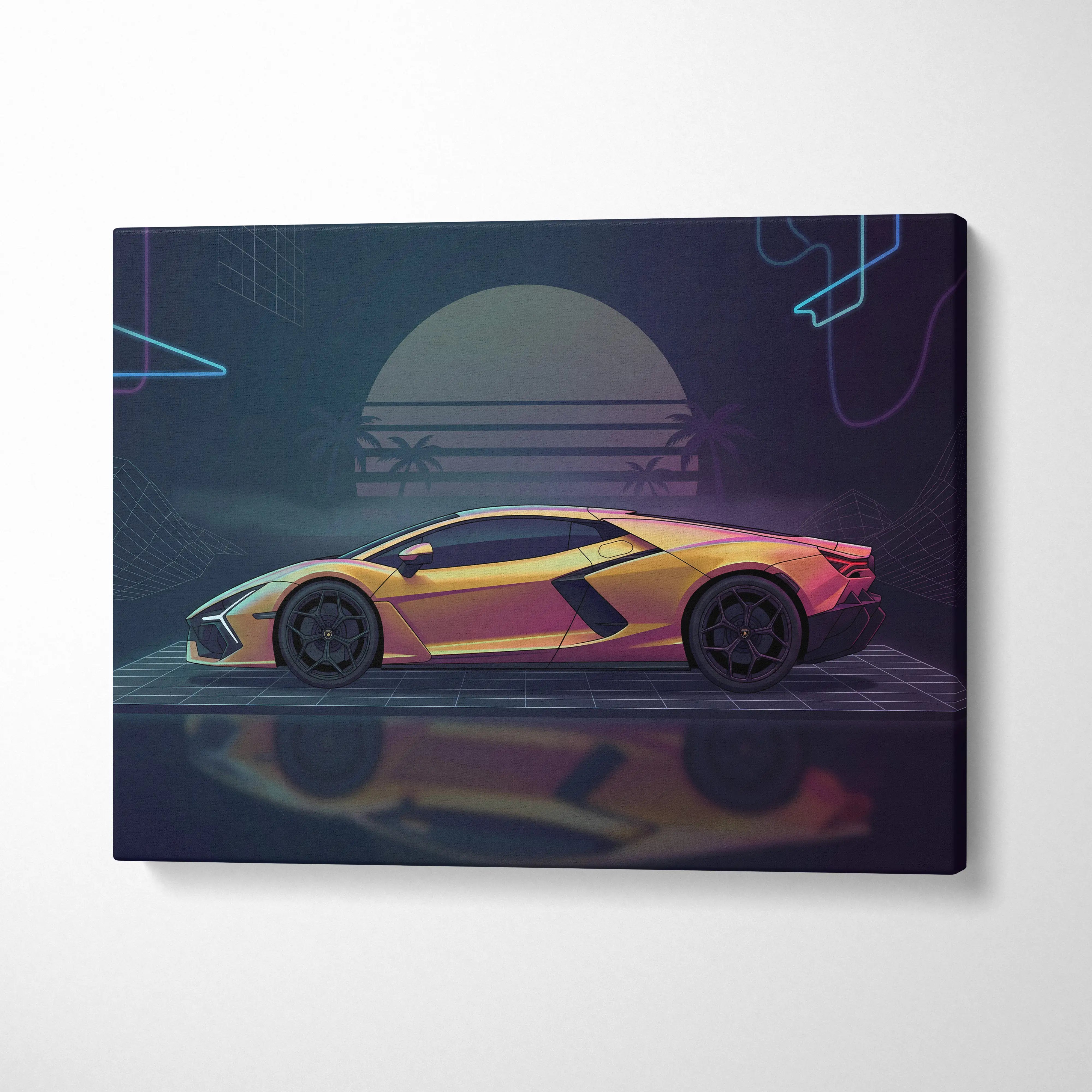 Lamborghini Revuelto Inspired Gold Purple Canvas Wall Art, Neon Vaporwave Hypercar Artwork for Retro Futuristic Garage Decor