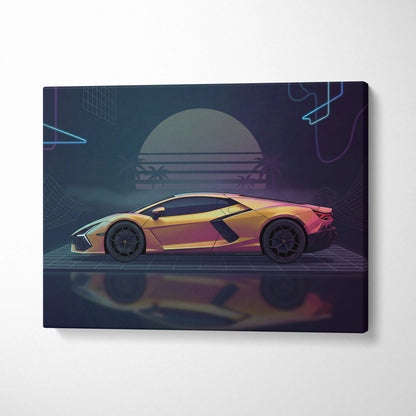 Lamborghini Revuelto Inspired Gold Purple Canvas Wall Art, Neon Vaporwave Hypercar Artwork for Retro Futuristic Garage Decor