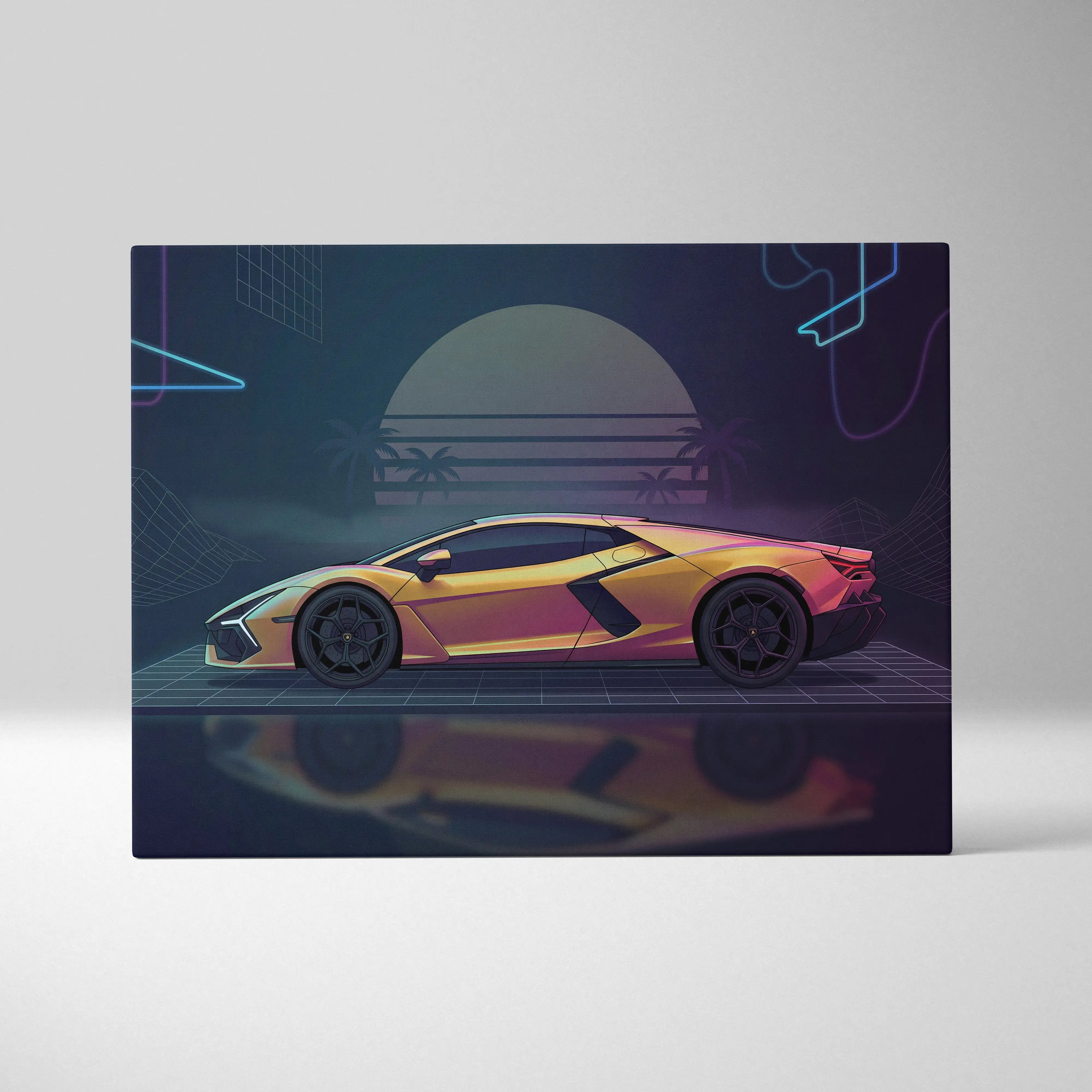 Lamborghini Revuelto Inspired Gold Purple Canvas Wall Art, Neon Vaporwave Hypercar Artwork for Retro Futuristic Garage Decor