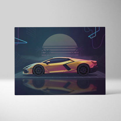 Lamborghini Revuelto Inspired Gold Purple Canvas Wall Art, Neon Vaporwave Hypercar Artwork for Retro Futuristic Garage Decor