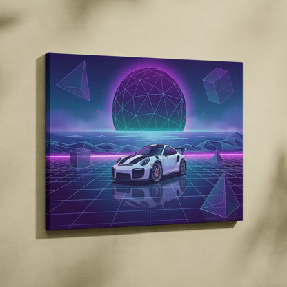 Porsche 911 GT2 RS Inspired White Purple Canvas Wall Art Vaporwave Neon Grid Sports Car Artwork, Futuristic Garage Decor
