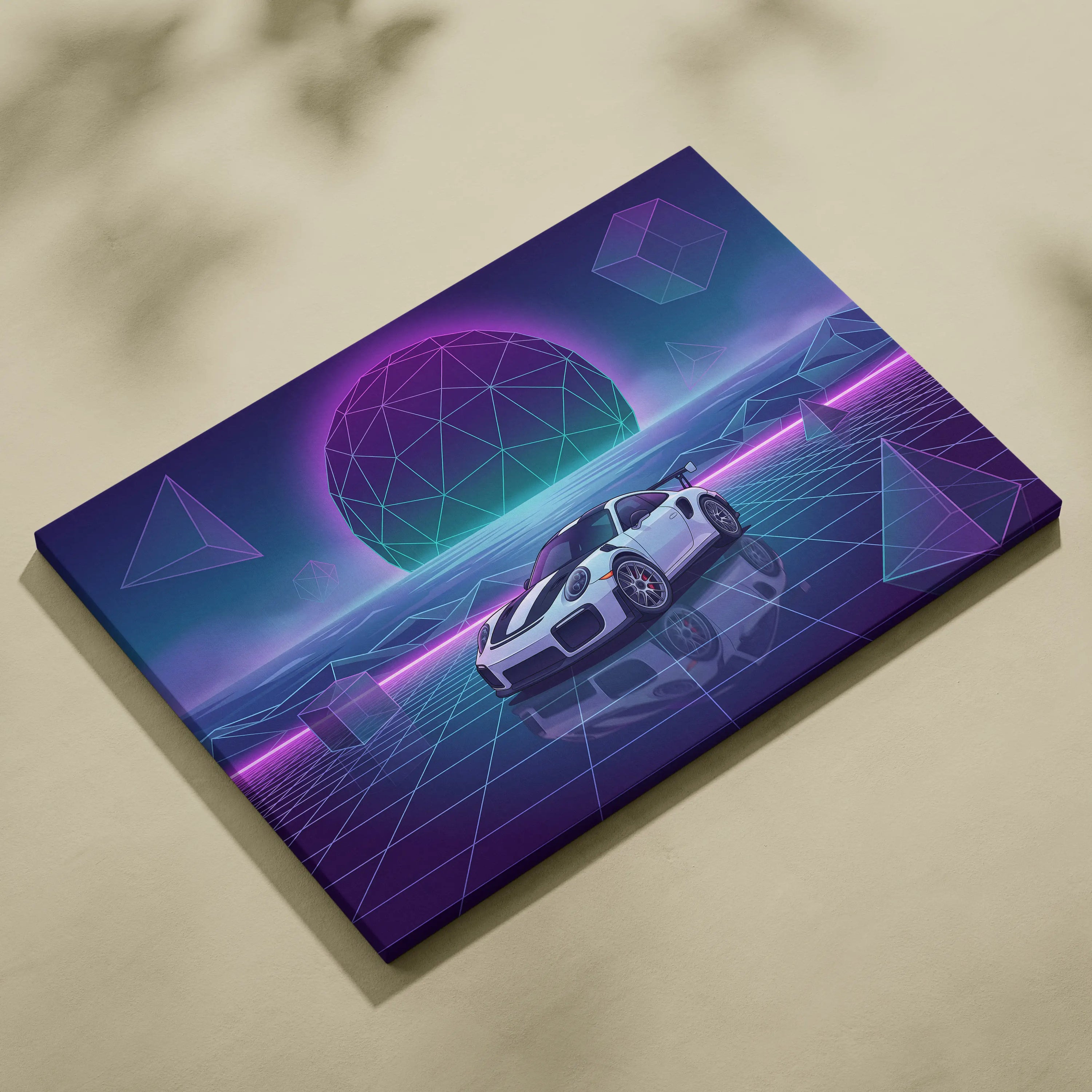 Porsche 911 GT2 RS Inspired White Purple Canvas Wall Art Vaporwave Neon Grid Sports Car Artwork, Futuristic Garage Decor