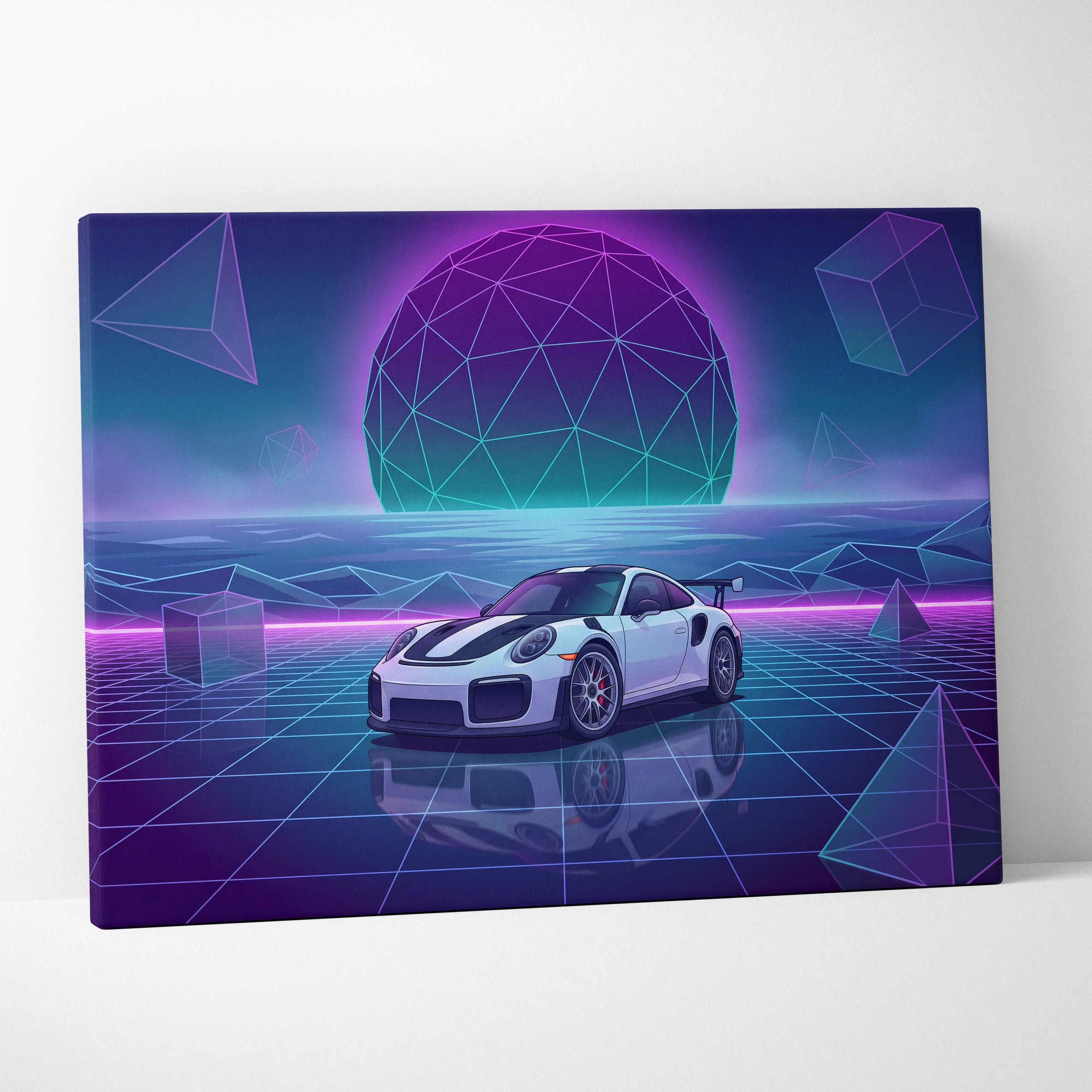 Porsche 911 GT2 RS Inspired White Purple Canvas Wall Art Vaporwave Neon Grid Sports Car Artwork, Futuristic Garage Decor