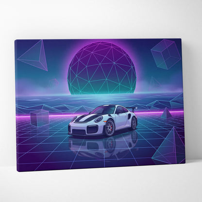 Porsche 911 GT2 RS Inspired White Purple Canvas Wall Art Vaporwave Neon Grid Sports Car Artwork, Futuristic Garage Decor