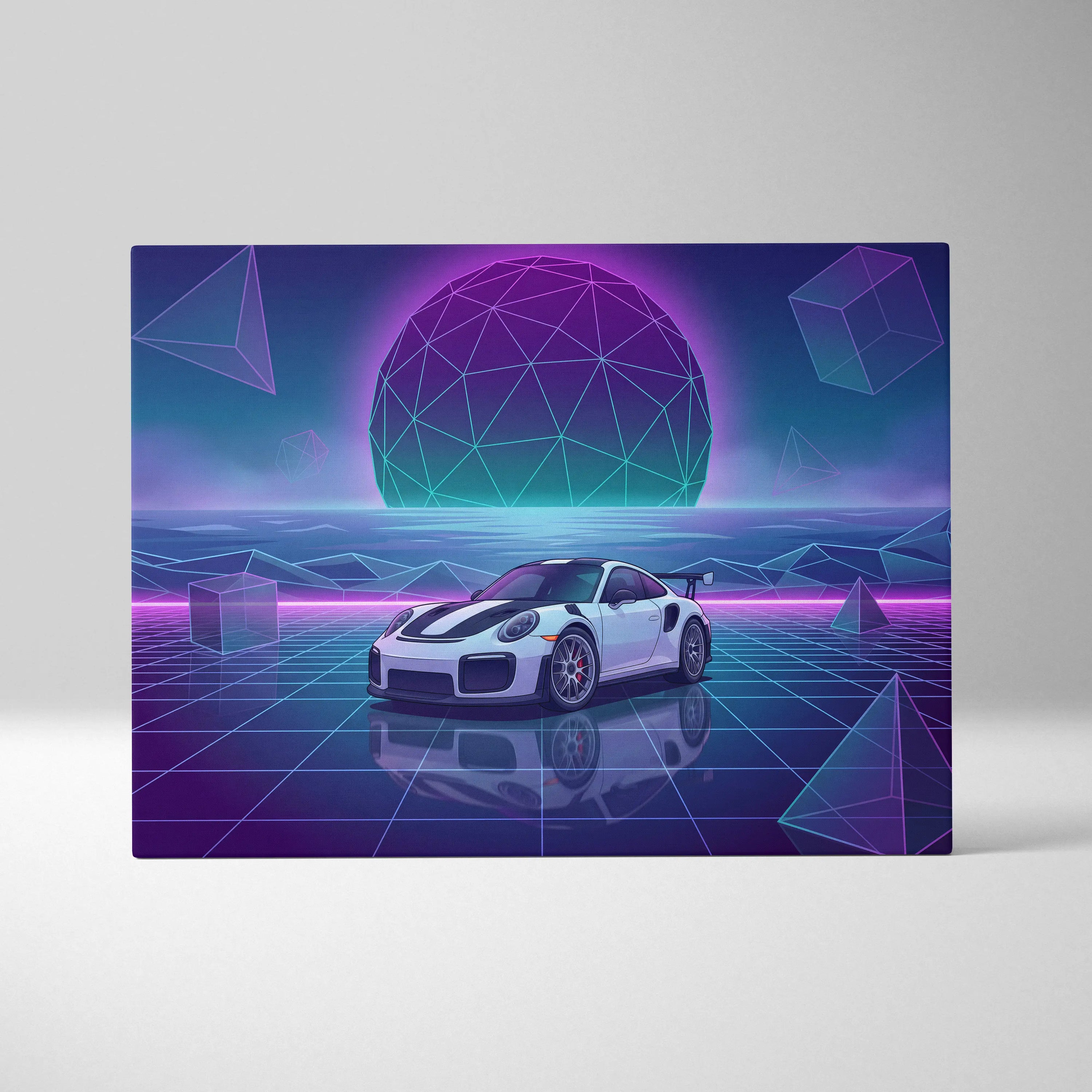 Porsche 911 GT2 RS Inspired White Purple Canvas Wall Art Vaporwave Neon Grid Sports Car Artwork, Futuristic Garage Decor