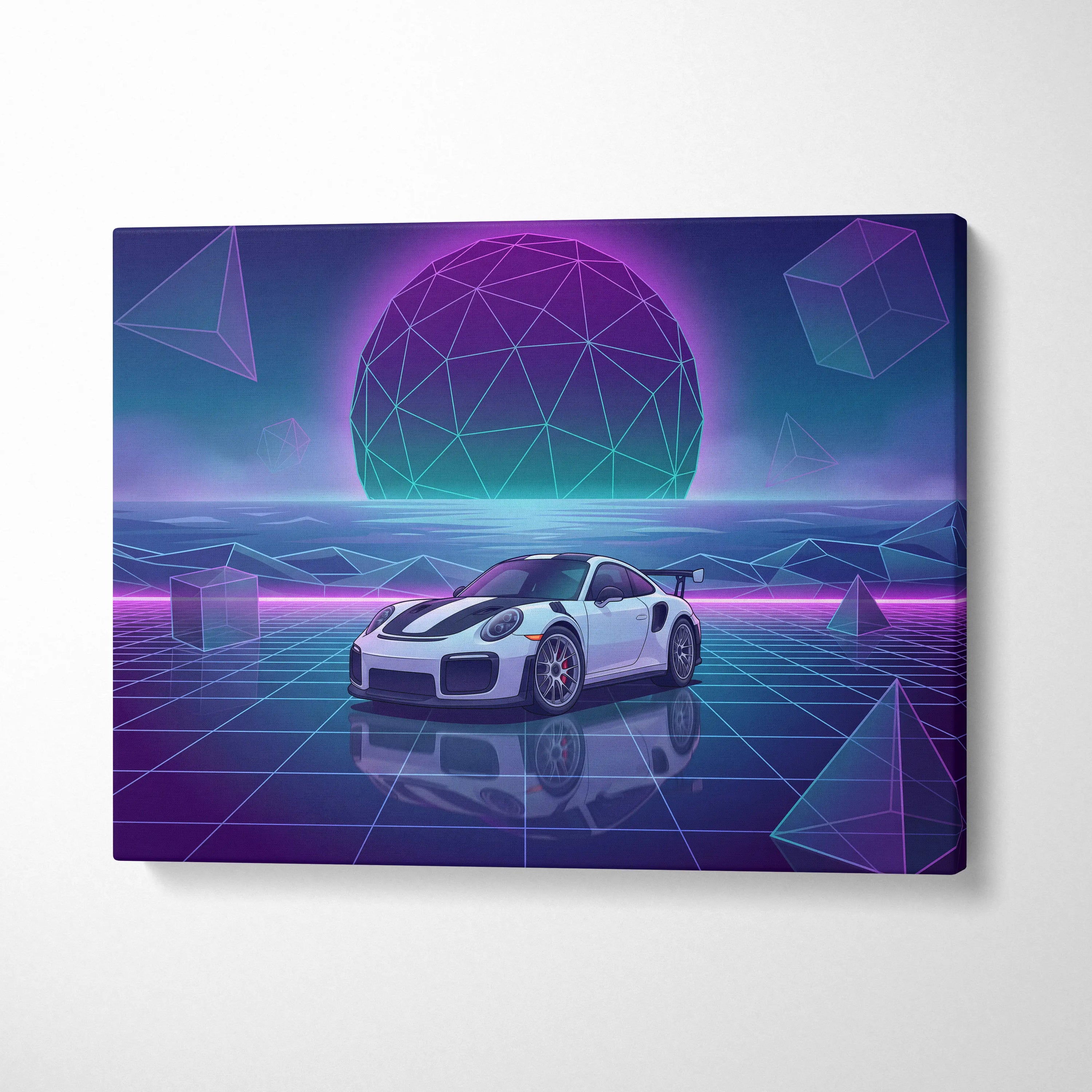 Porsche 911 GT2 RS Inspired White Purple Canvas Wall Art Vaporwave Neon Grid Sports Car Artwork, Futuristic Garage Decor
