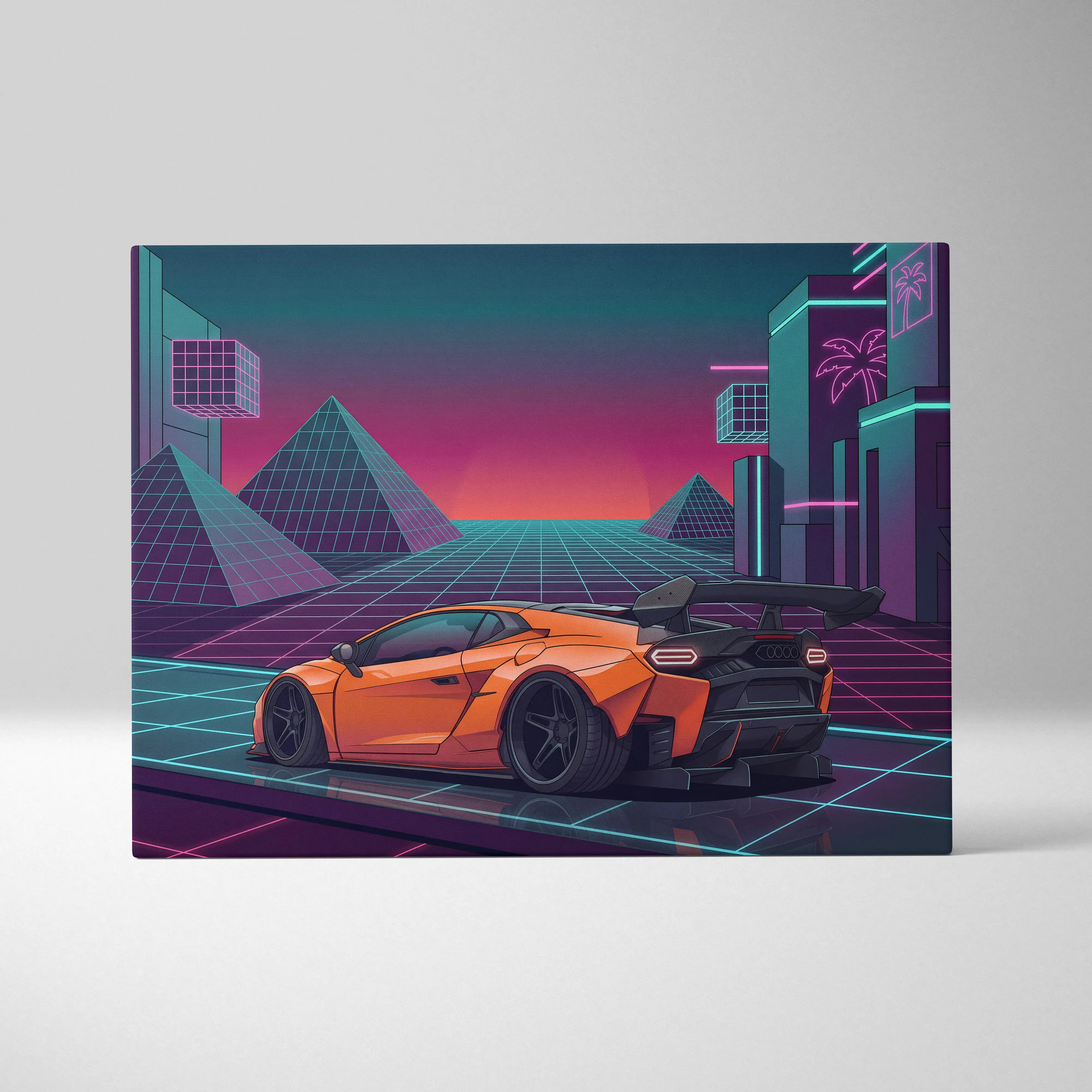 Lamborghini inspired orange pink canvas wall art featuring a vibrant orange sports car in a neon retro futuristic cityscape