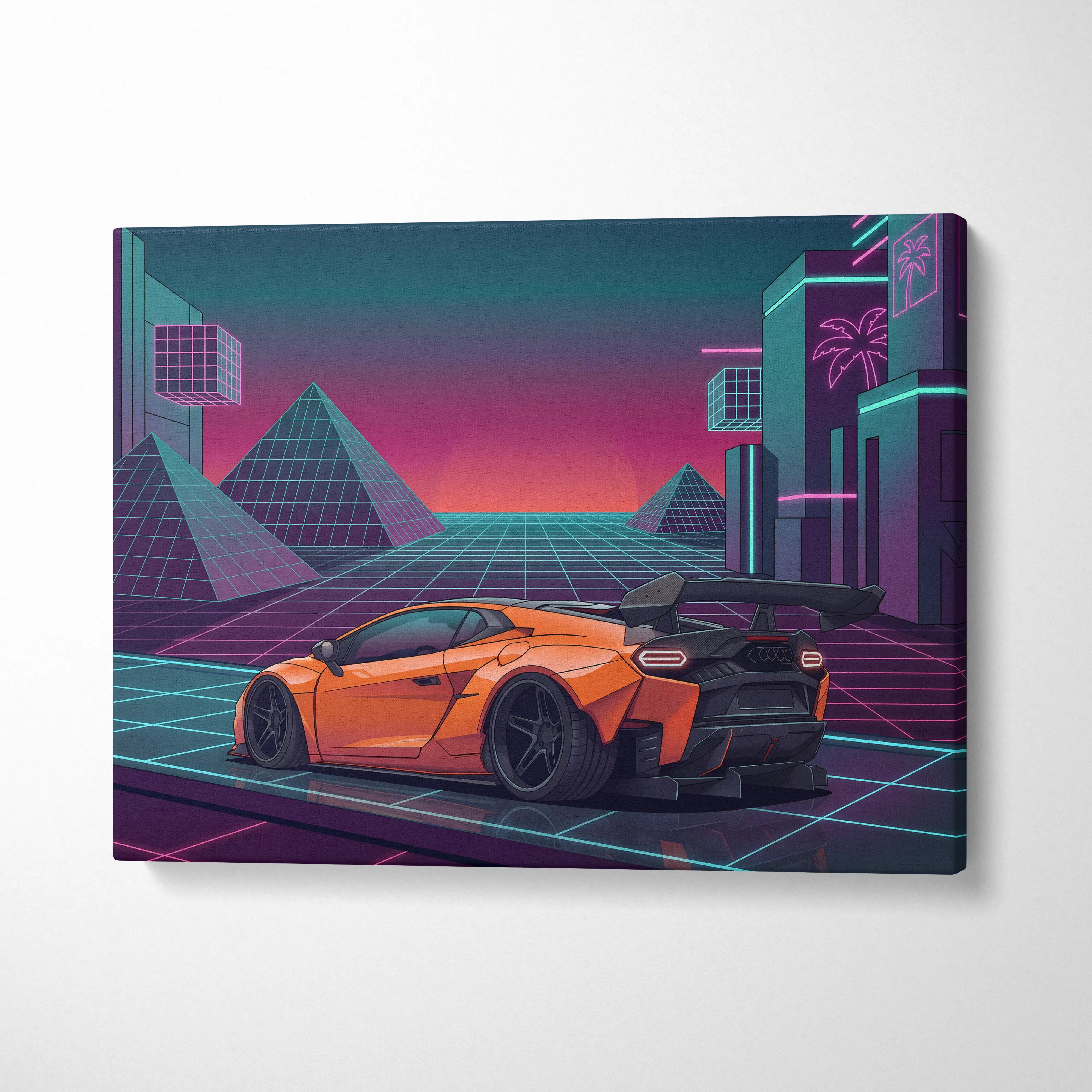 Vibrant orange sports car with black rims and rear spoiler in neon cityscape on lamborghini inspired canvas wall art