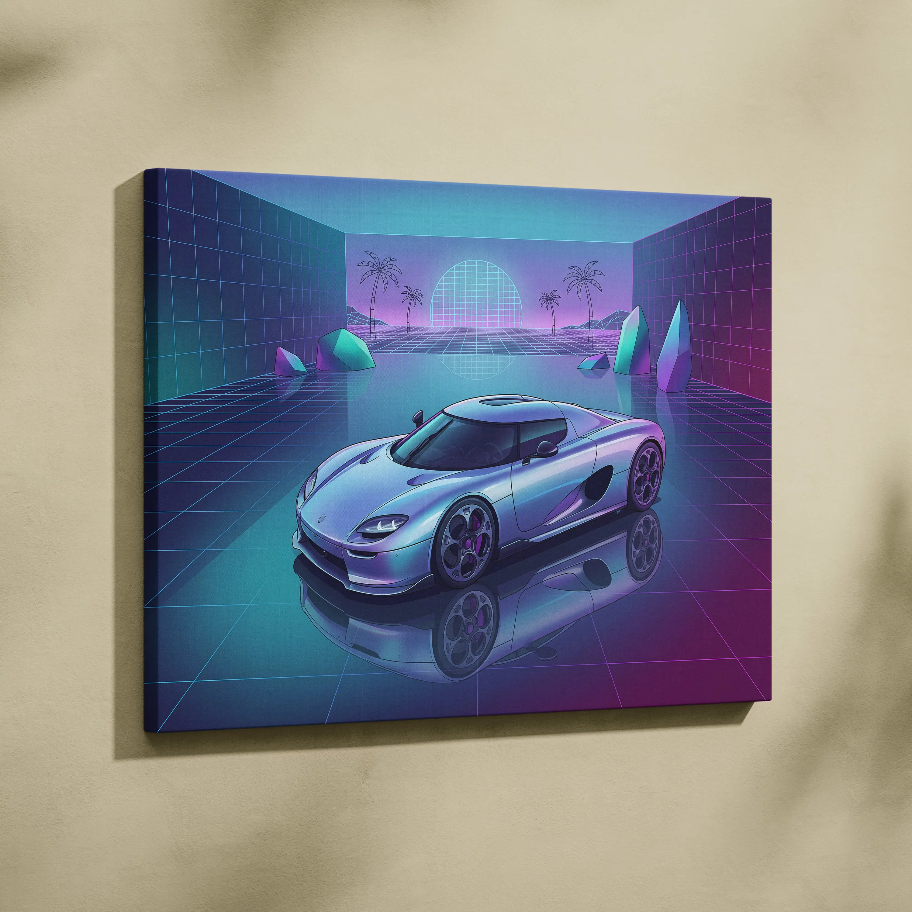Koenigsegg CCX Inspired Silver Purple Canvas Wall Art Vaporwave Hypercar Artwork Neon Grid Garage Decor Retro Futuristic Palm Sunset Print