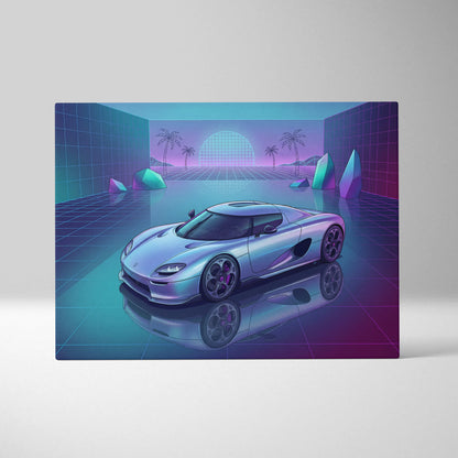 Koenigsegg CCX Inspired Silver Purple Canvas Wall Art Vaporwave Hypercar Artwork Neon Grid Garage Decor Retro Futuristic Palm Sunset Print