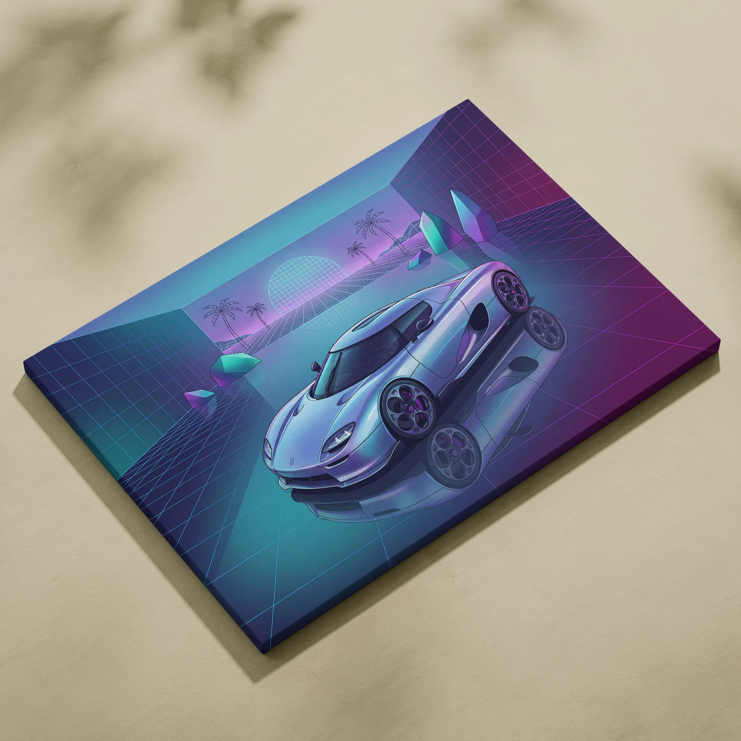 Koenigsegg CCX Inspired Silver Purple Canvas Wall Art Vaporwave Hypercar Artwork Neon Grid Garage Decor Retro Futuristic Palm Sunset Print