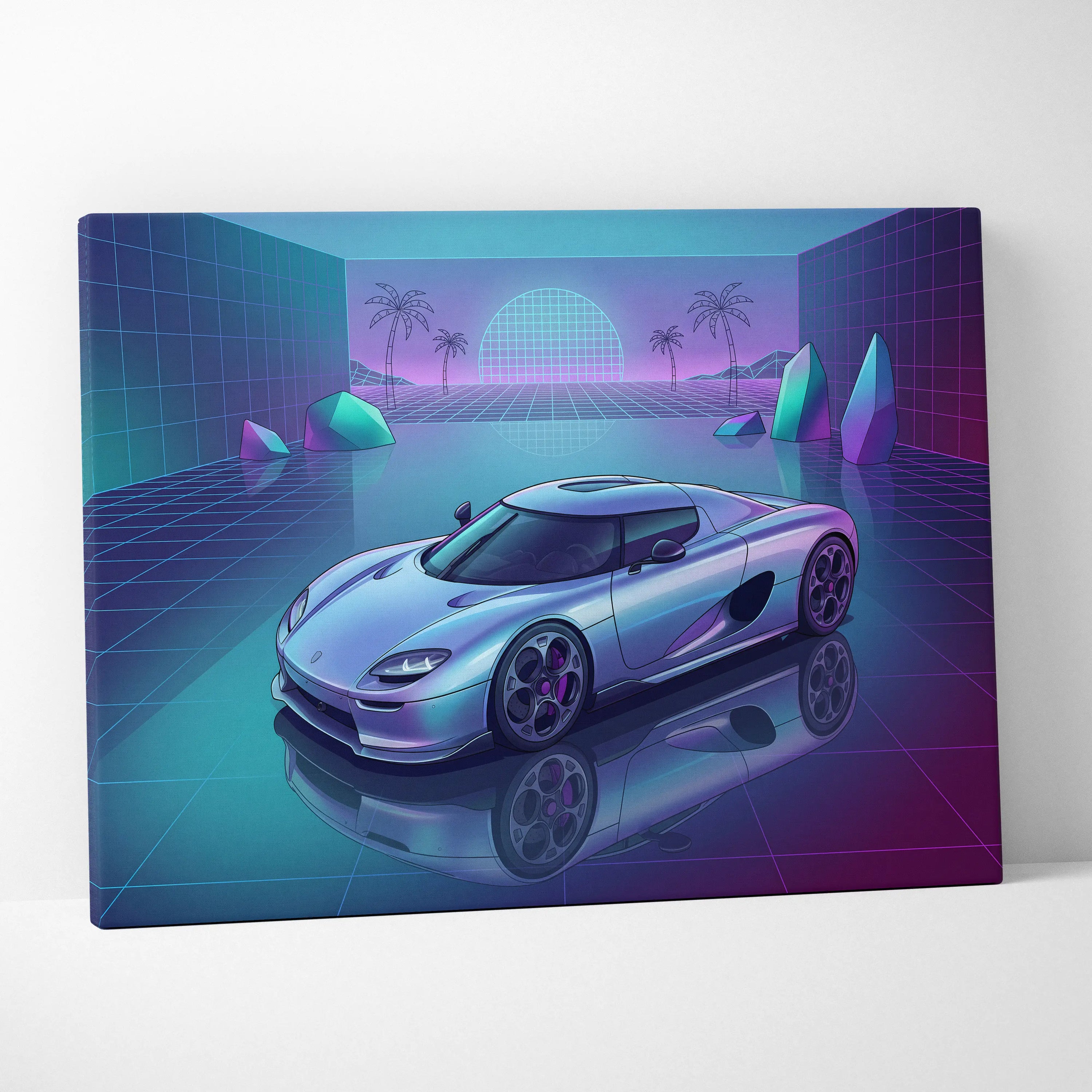 Koenigsegg CCX Inspired Silver Purple Canvas Wall Art Vaporwave Hypercar Artwork Neon Grid Garage Decor Retro Futuristic Palm Sunset Print