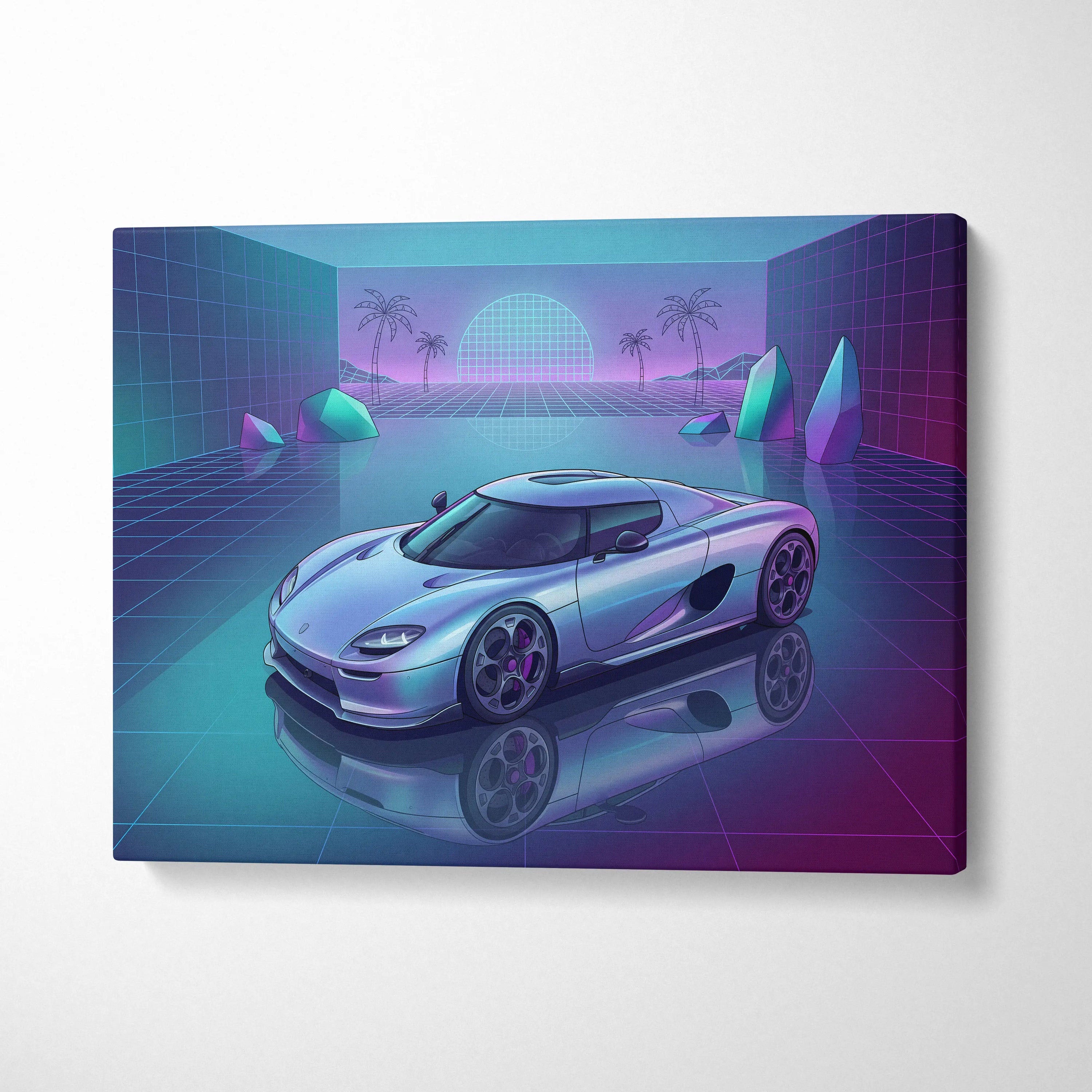 Koenigsegg CCX Inspired Silver Purple Canvas Wall Art Vaporwave Hypercar Artwork Neon Grid Garage Decor Retro Futuristic Palm Sunset Print