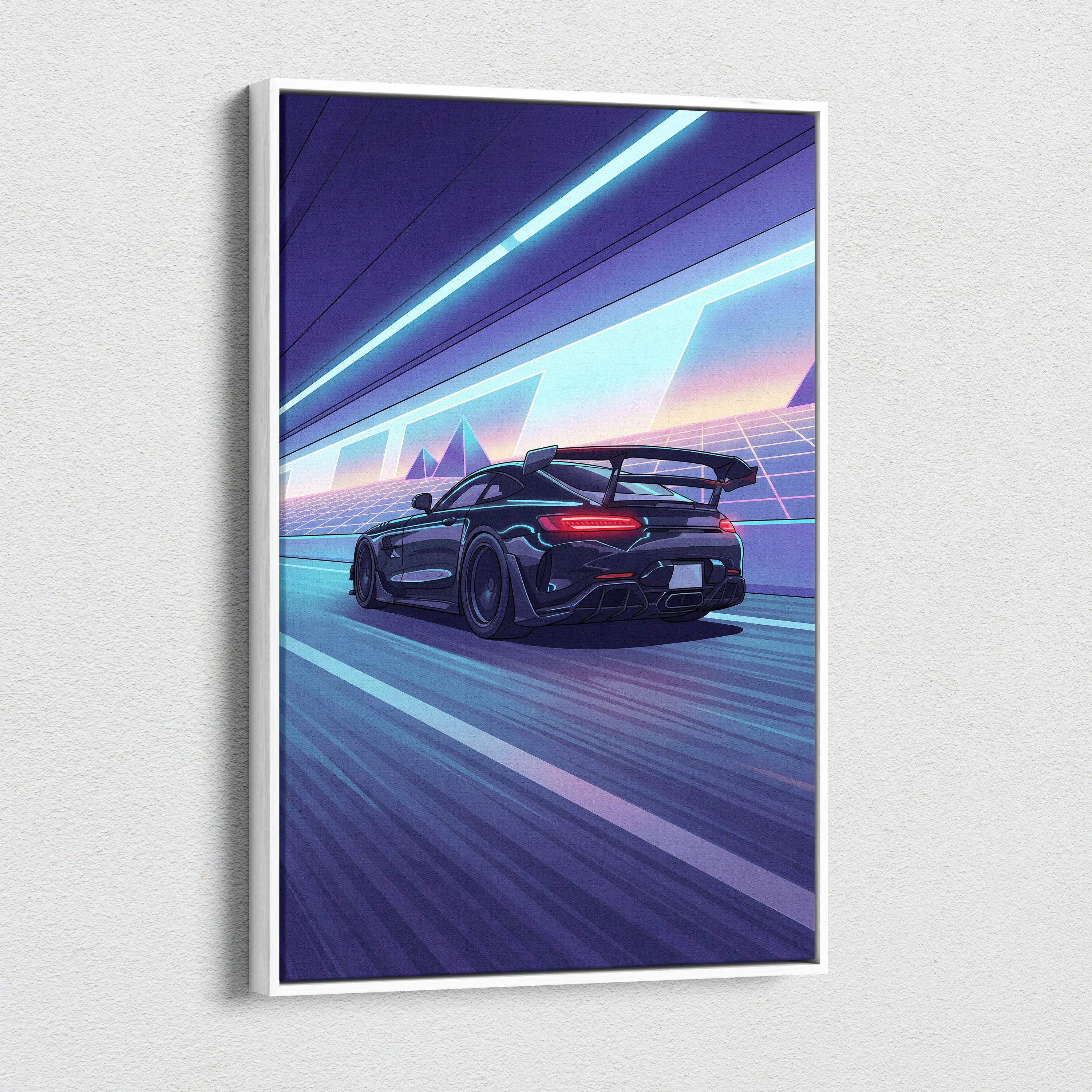 Mercedes AMG GTR Inspired Vaporwave Car Canvas - Vaporwave Car Purple Blue Neon Living Room Retro Futurism Neon Nostalgia Vaporwave Canvas