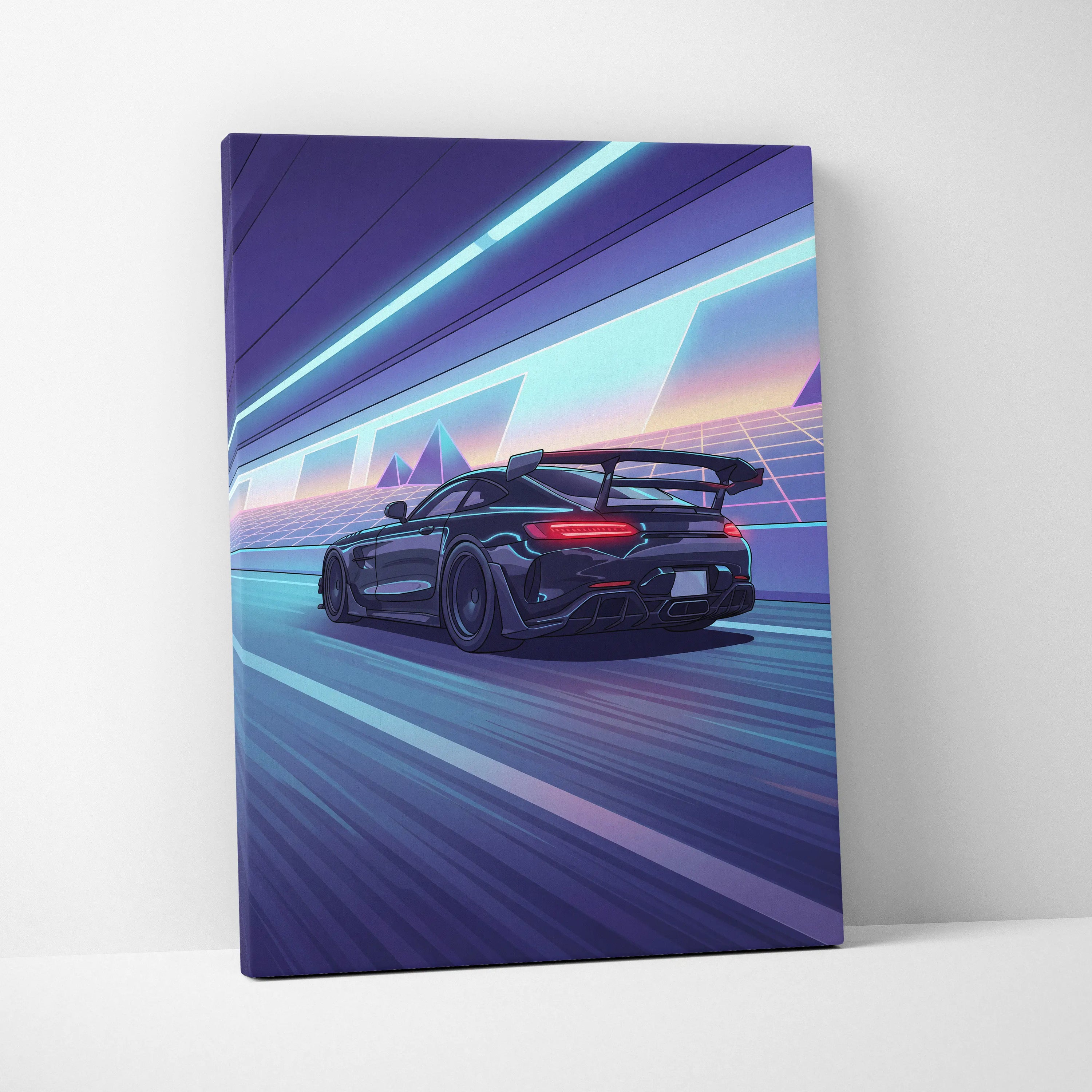 Mercedes AMG GTR Inspired Vaporwave Car Canvas - Vaporwave Car Purple Blue Neon Living Room Retro Futurism Neon Nostalgia Vaporwave Canvas