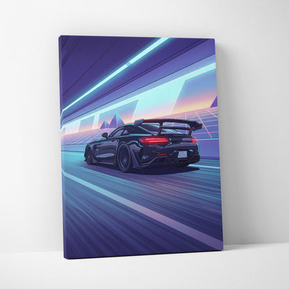 Mercedes AMG GTR Inspired Vaporwave Car Canvas - Vaporwave Car Purple Blue Neon Living Room Retro Futurism Neon Nostalgia Vaporwave Canvas