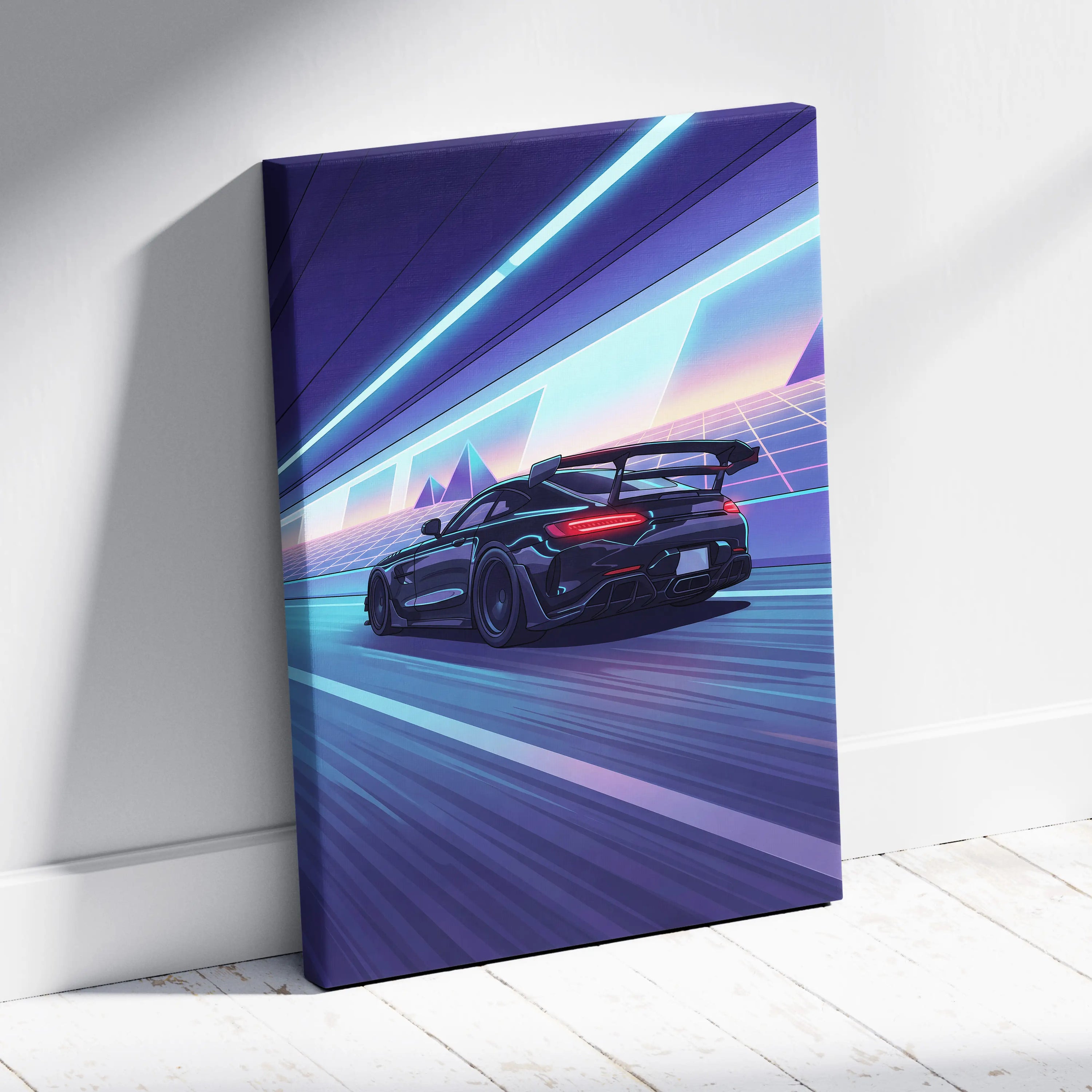 Mercedes AMG GTR Inspired Vaporwave Car Canvas - Vaporwave Car Purple Blue Neon Living Room Retro Futurism Neon Nostalgia Vaporwave Canvas