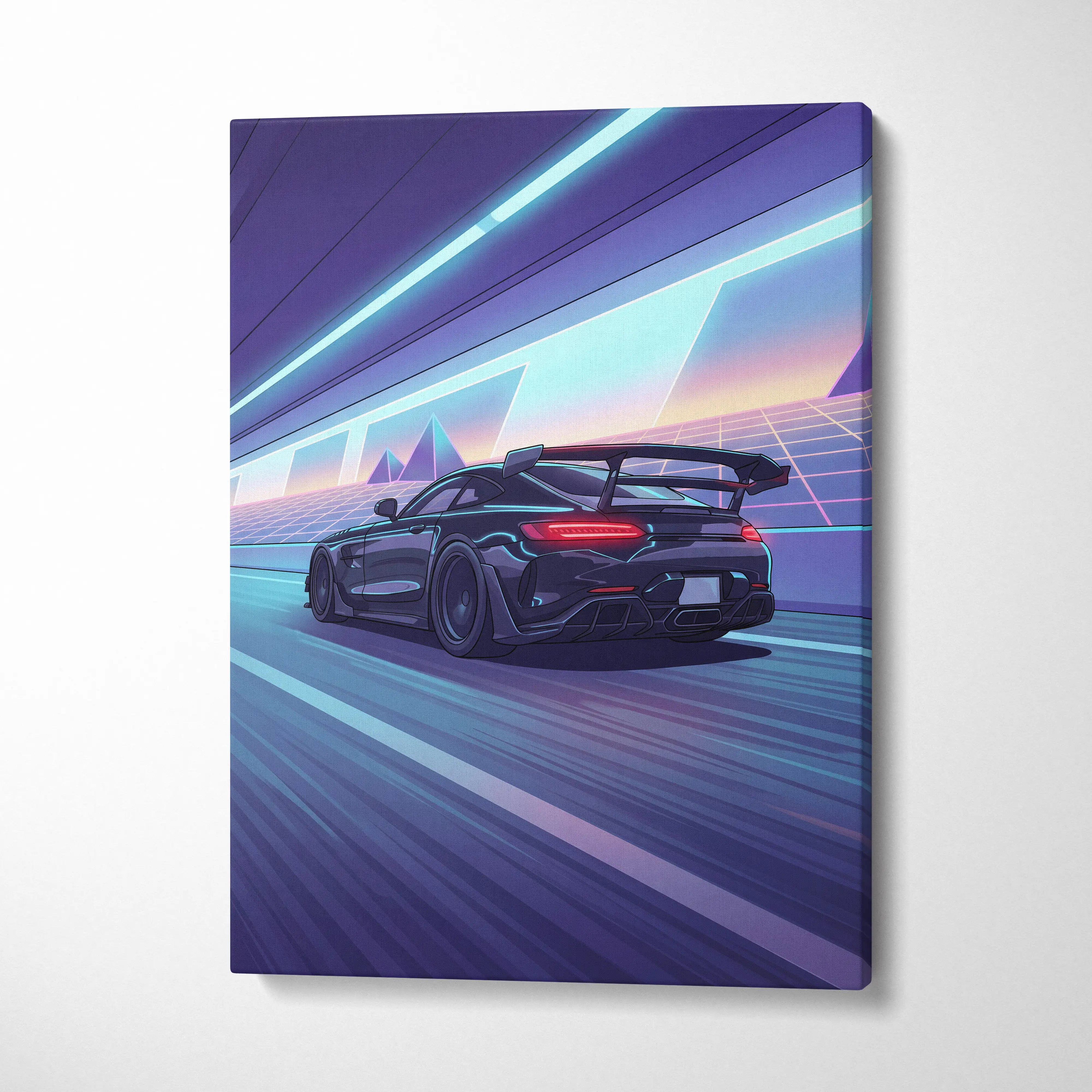 Mercedes AMG GTR Inspired Vaporwave Car Canvas - Vaporwave Car Purple Blue Neon Living Room Retro Futurism Neon Nostalgia Vaporwave Canvas