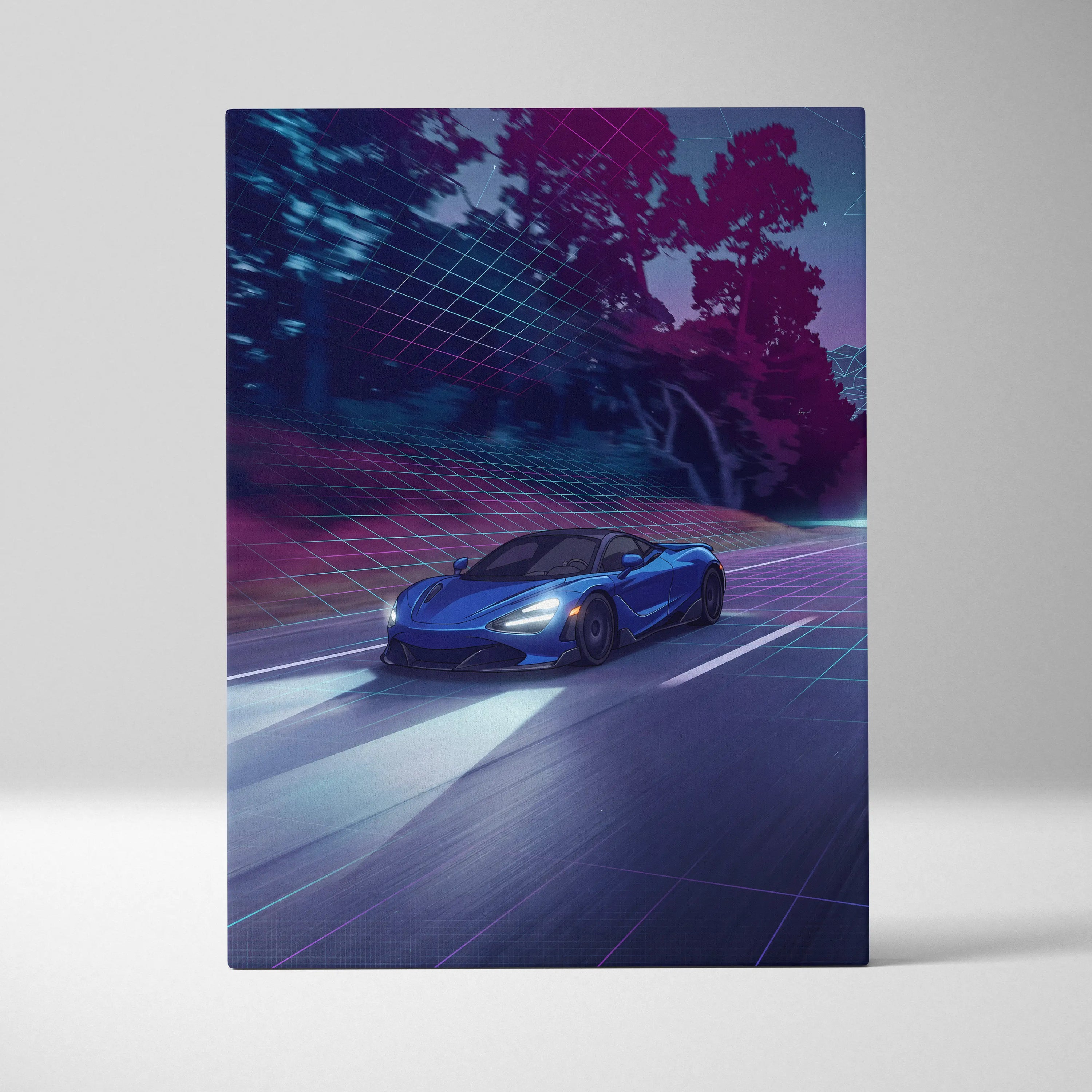 McLaren 765LT Inspired Vaporwave Car Canvas - Vaporwave Car Neon Blue Living Room Retro-Futurism Dreamy Mood Retro Aesthetic Canvas Print